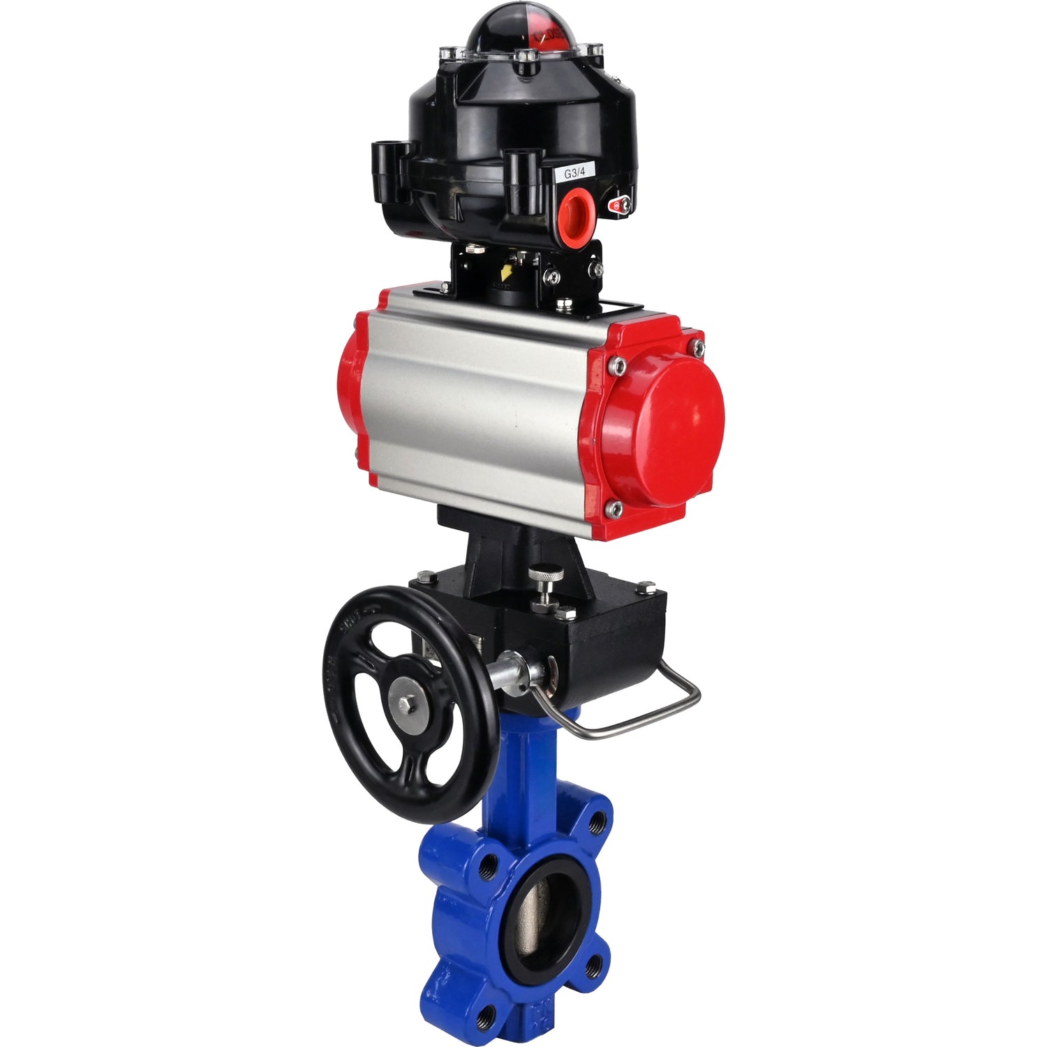 Wasser-Schmetterlingsventil Elephant WBV1616N-2W-Fb-H, Gehäusematerial - Gusseisen QT450, Scheibenmaterial - Gusseisen QT450, Dichtung - NBR, mit pneumatischem Doppelwirkungsantrieb PA-DA, Handrad MON, LSU APL-510N EX