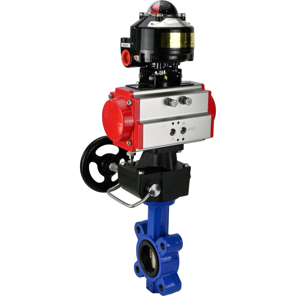 Wasser-Schmetterlingsventil Elephant WBV1616N-2W-Fb-H, Gehäusematerial - Gusseisen QT450, Scheibenmaterial - Gusseisen QT450, Dichtung - NBR, mit pneumatischem Doppelwirkungsantrieb PA-DA, Handrad MON, LSU APL-510N EX