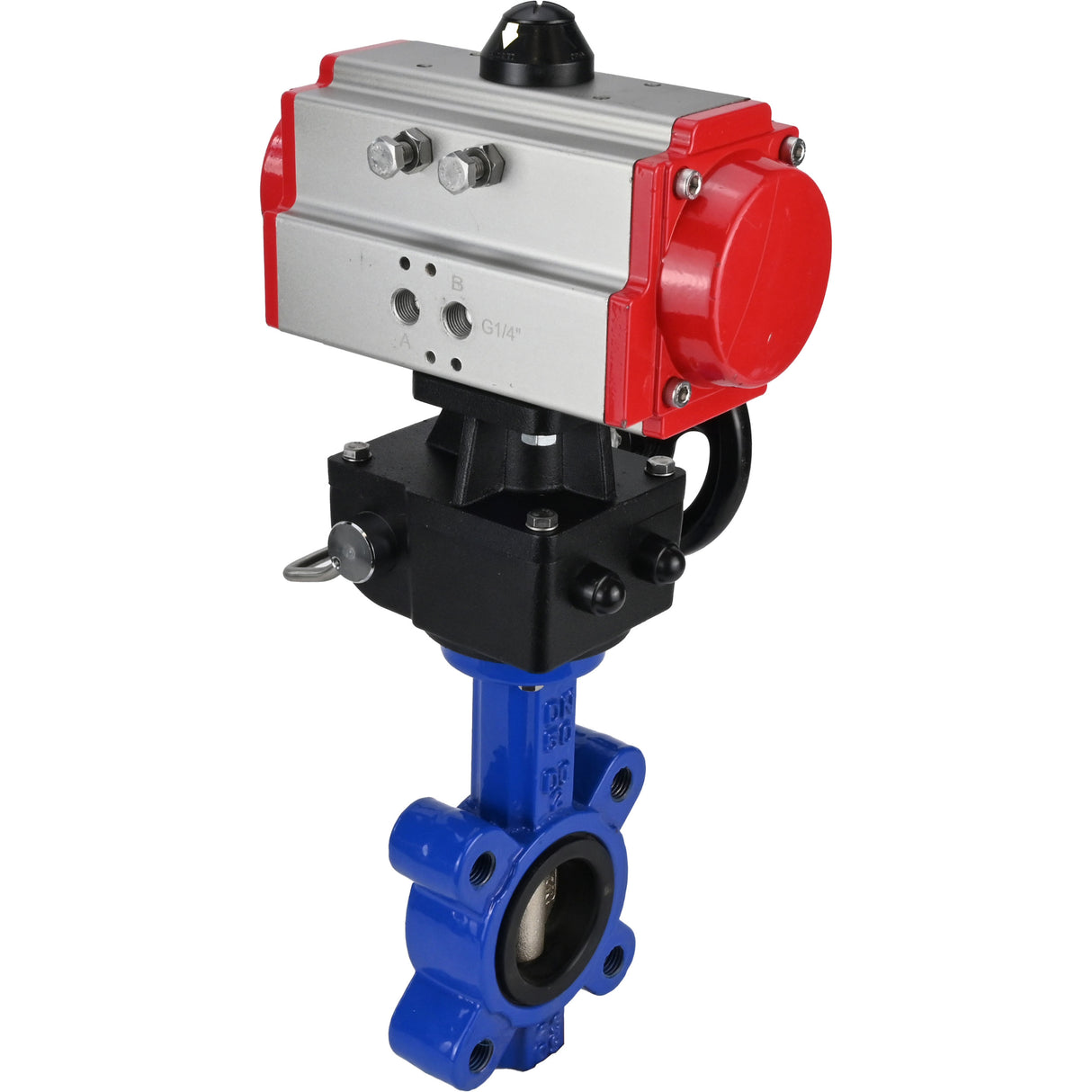 Wasser-Schmetterlingsventil Elephant WBV1616N-2W-Fb-H, Gehäusematerial - Gusseisen QT450, Scheibenmaterial - Gusseisen QT450, Dichtung - NBR, mit pneumatischem Doppelwirkungsantrieb PA-DA, Handrad MON