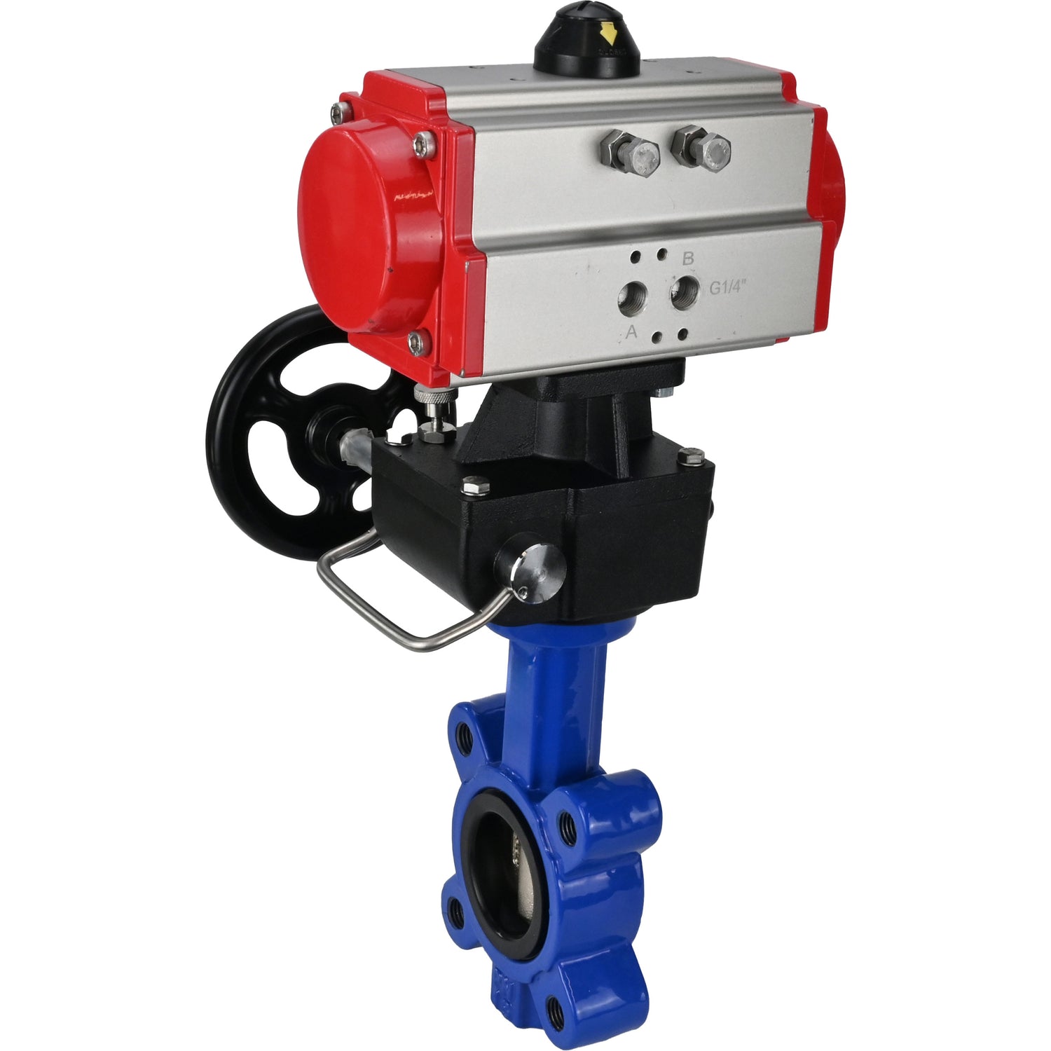 Wasser-Schmetterlingsventil Elephant WBV1616N-2W-Fb-H, Gehäusematerial - Gusseisen QT450, Scheibenmaterial - Gusseisen QT450, Dichtung - NBR, mit pneumatischem Doppelwirkungsantrieb PA-DA, Handrad MON