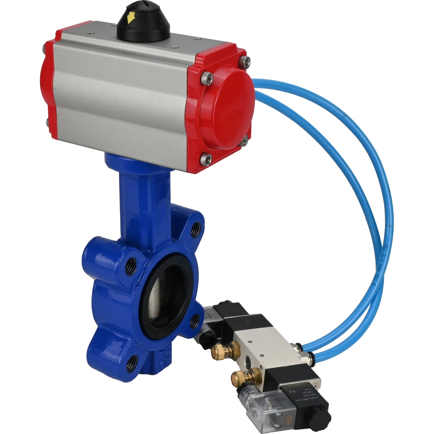 Wasser-Schmetterlingsventil Elephant WBV1616E-2W-Fb-H, Gehäusematerial - Gusseisen QT450, Scheibenmaterial - Gusseisen QT450, Dichtung - EPDM, mit pneumatischem Doppelwirkungsantrieb PA-DA, 4V320-10 220V