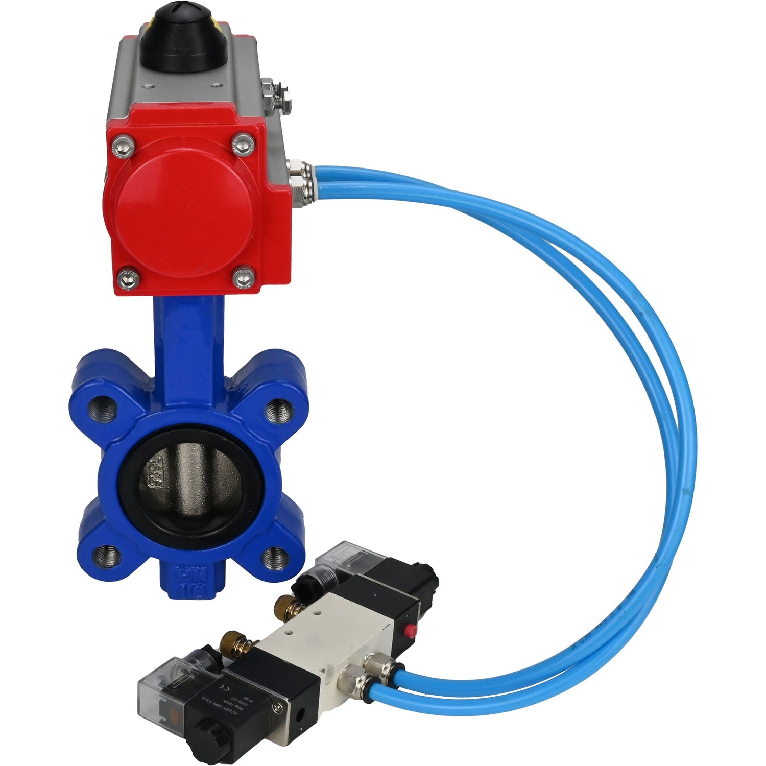 Wasser-Schmetterlingsventil Elephant WBV1616E-2W-Fb-H, Gehäusematerial - Gusseisen QT450, Scheibenmaterial - Gusseisen QT450, Dichtung - EPDM, mit pneumatischem Doppelwirkungsantrieb PA-DA, 4V320-10 220V