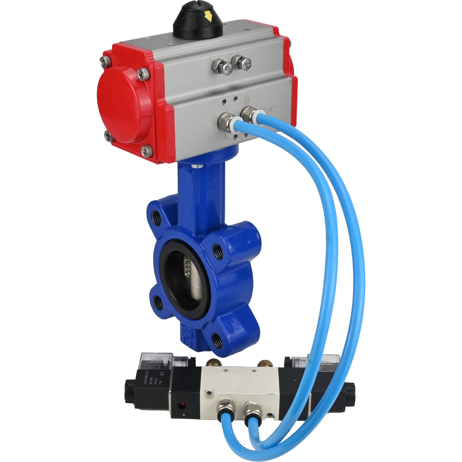 Wasser-Schmetterlingsventil Elephant WBV1616N-2W-Fb-H, Gehäusematerial - Gusseisen QT450, Scheibenmaterial - Gusseisen QT450, Dichtung - NBR, mit pneumatischem Doppelwirkungsantrieb PA-DA, 4V320-10 220V