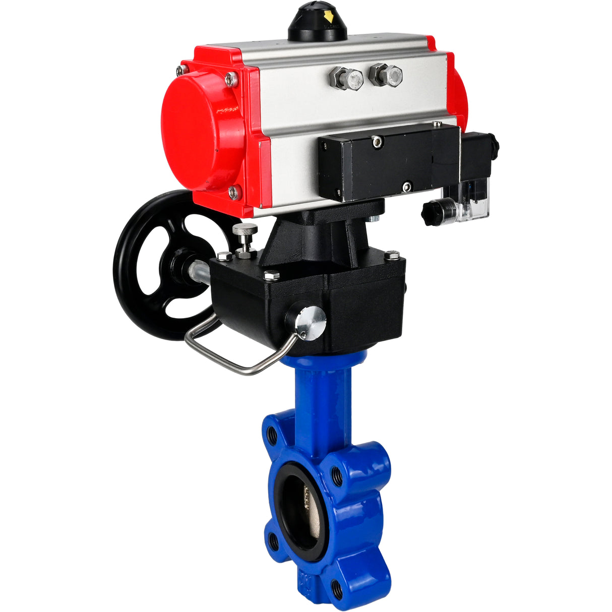 Wasser-Schmetterlingsventil Elephant WBV1616N-2W-Fb-H, Gehäusematerial - Gusseisen QT450, Scheibenmaterial - Gusseisen QT450, Dichtung - NBR, mit pneumatischem Doppelwirkungsantrieb PA-DA, 4M310-08 24V, Handrad MON