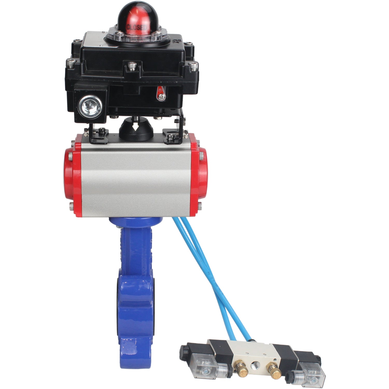 Wasser-Schmetterlingsventil Elephant WBV1616N-2W-Fb-H, Gehäusematerial - Gusseisen QT450, Scheibenmaterial - Gusseisen QT450, Dichtung - NBR, mit pneumatischem Doppelwirkungsantrieb PA-DA, 4V320-08 220V, LSU APL-410N EX