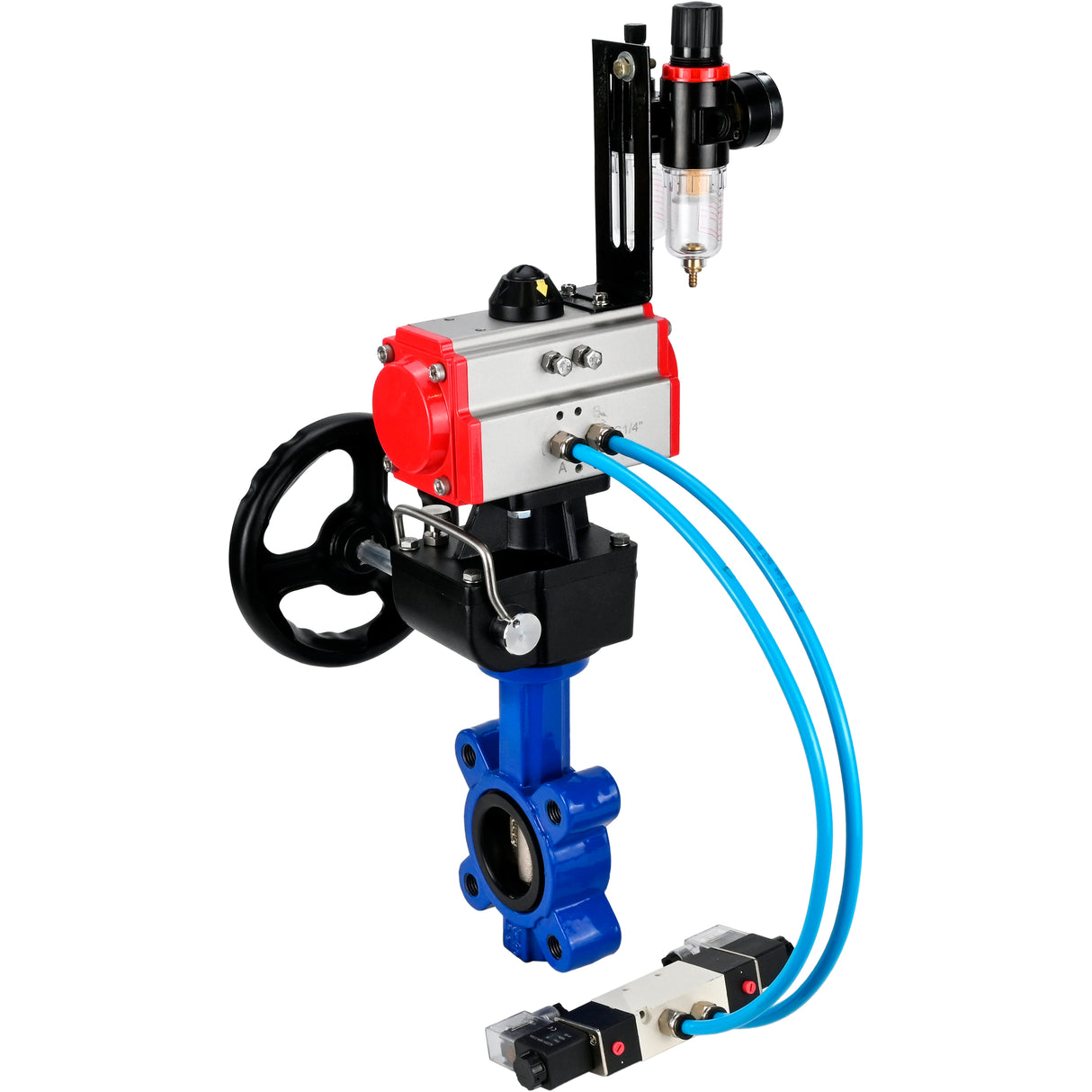 Wasser-Schmetterlingsventil Elephant WBV1616N-2W-Fb-H, Gehäusematerial - Gusseisen QT450, Scheibenmaterial - Gusseisen QT450, Dichtung - NBR, mit pneumatischem Doppelwirkungsantrieb PA-DA, 4V320-10 220V, Handrad MON, ATU AFC2000