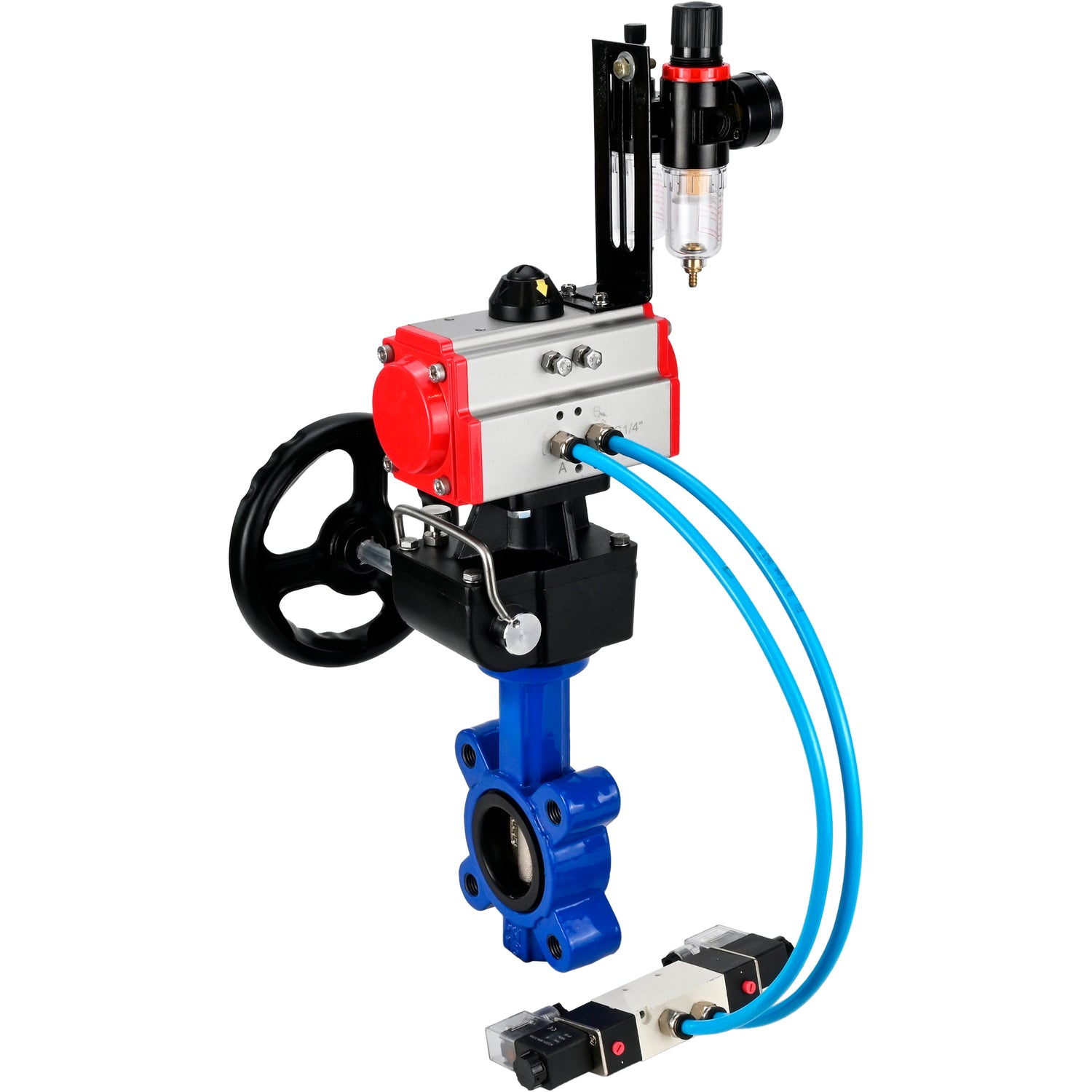 Wasser-Schmetterlingsventil Elephant WBV1616N-2W-Fb-H, Gehäusematerial - Gusseisen QT450, Scheibenmaterial - Gusseisen QT450, Dichtung - NBR, mit pneumatischem Doppelwirkungsantrieb PA-DA, 4V320-10 220V, Handrad MON, ATU AFC2000