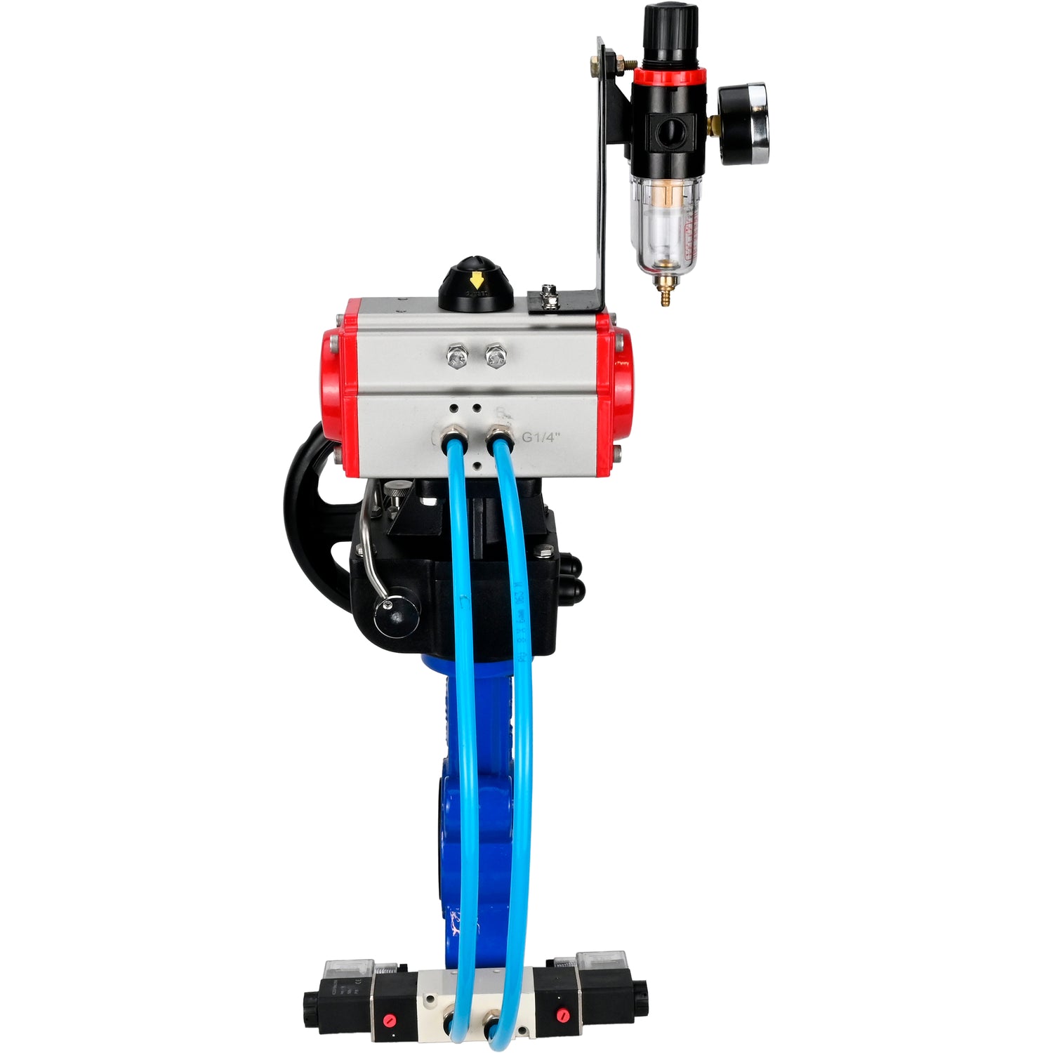 Wasser-Schmetterlingsventil Elephant WBV1616N-2W-Fb-H, Gehäusematerial - Gusseisen QT450, Scheibenmaterial - Gusseisen QT450, Dichtung - NBR, mit pneumatischem Doppelwirkungsantrieb PA-DA, 4V320-10 220V, Handrad MON, ATU AFC2000