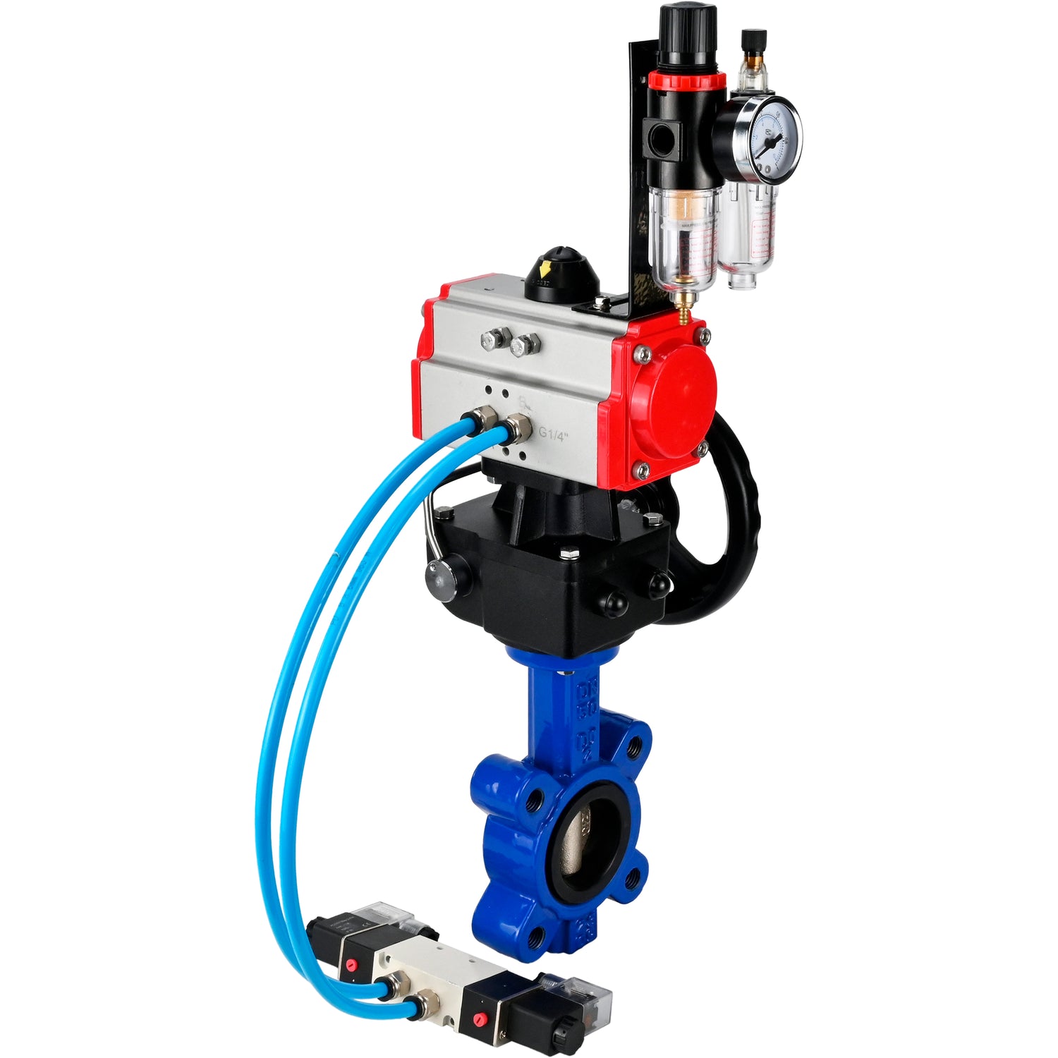 Wasser-Schmetterlingsventil Elephant WBV1616N-2W-Fb-H, Gehäusematerial - Gusseisen QT450, Scheibenmaterial - Gusseisen QT450, Dichtung - NBR, mit pneumatischem Doppelwirkungsantrieb PA-DA, 4V320-10 220V, Handrad MON, ATU AFC2000