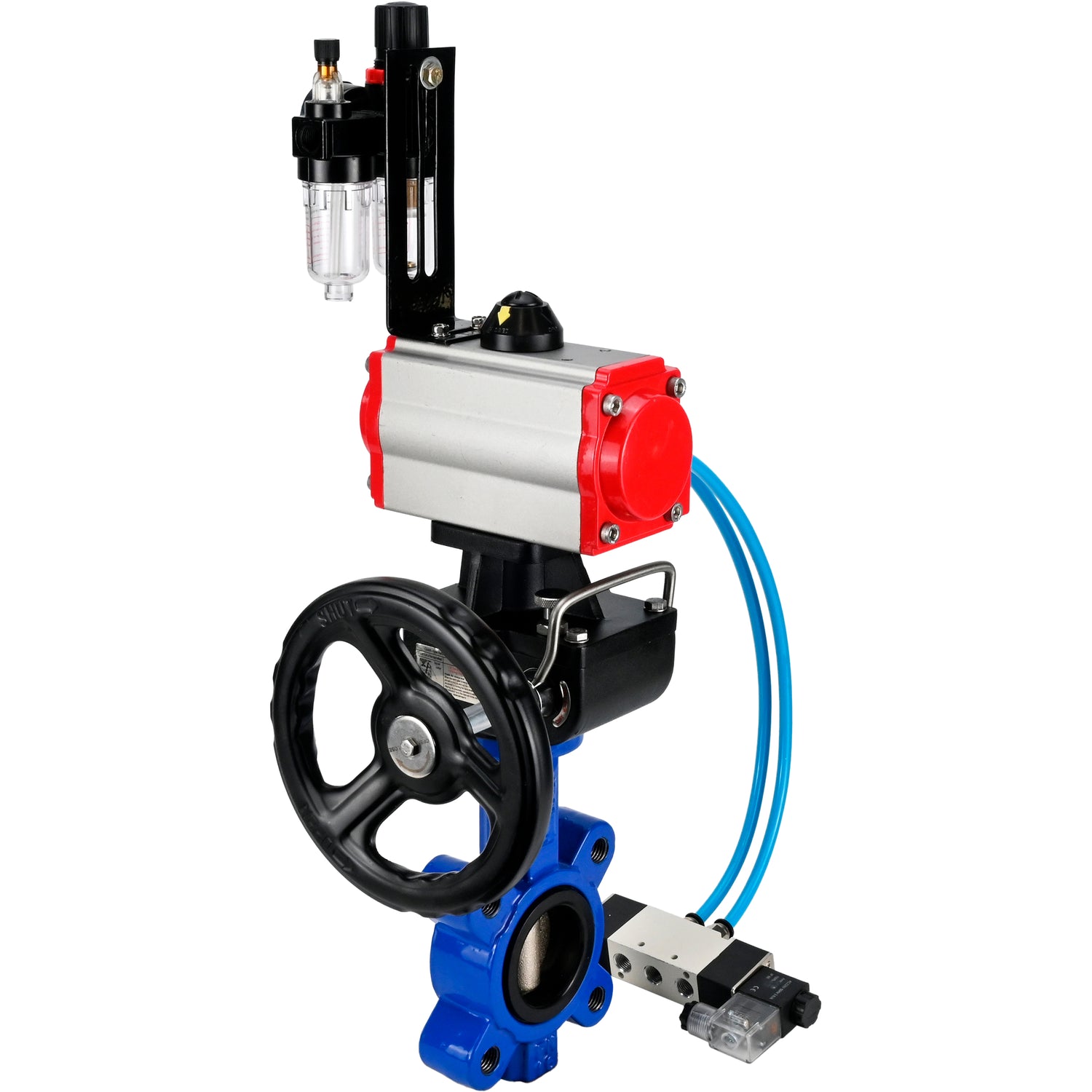 Wasser-Schmetterlingsventil Elephant WBV1616N-2W-Fb-H, Gehäusematerial - Gusseisen QT450, Scheibenmaterial - Gusseisen QT450, Dichtung - NBR, mit pneumatischem Doppelwirkungsantrieb PA-DA, 4V320-10 220V, Handrad MON, ATU AFC2000