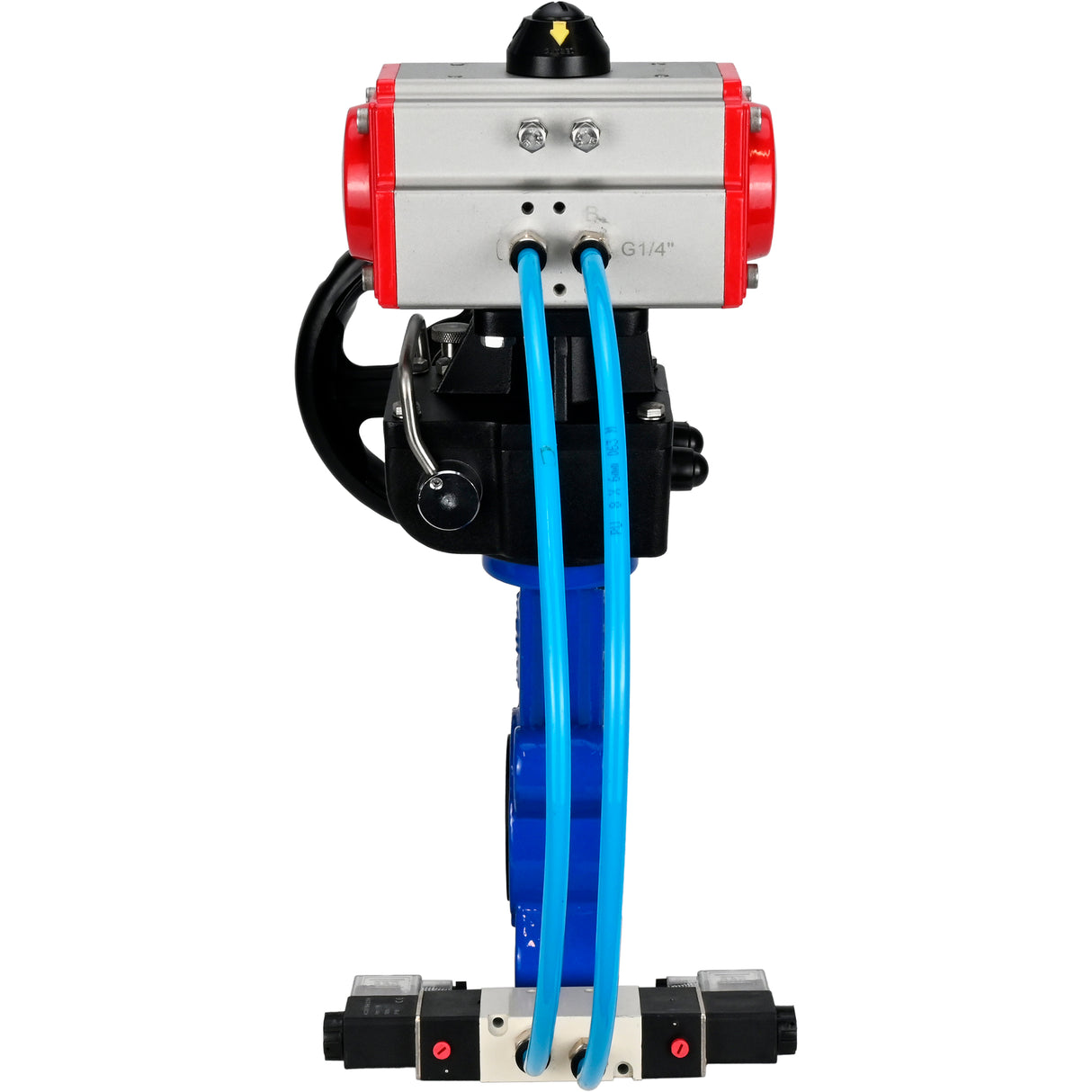 Wasser-Schmetterlingsventil Elephant WBV1616N-2W-Fb-H, Gehäusematerial - Gusseisen QT450, Scheibenmaterial - Gusseisen QT450, Dichtung - NBR, mit pneumatischem Doppelwirkungsantrieb PA-DA, 4V320-10 220V, Handrad MON