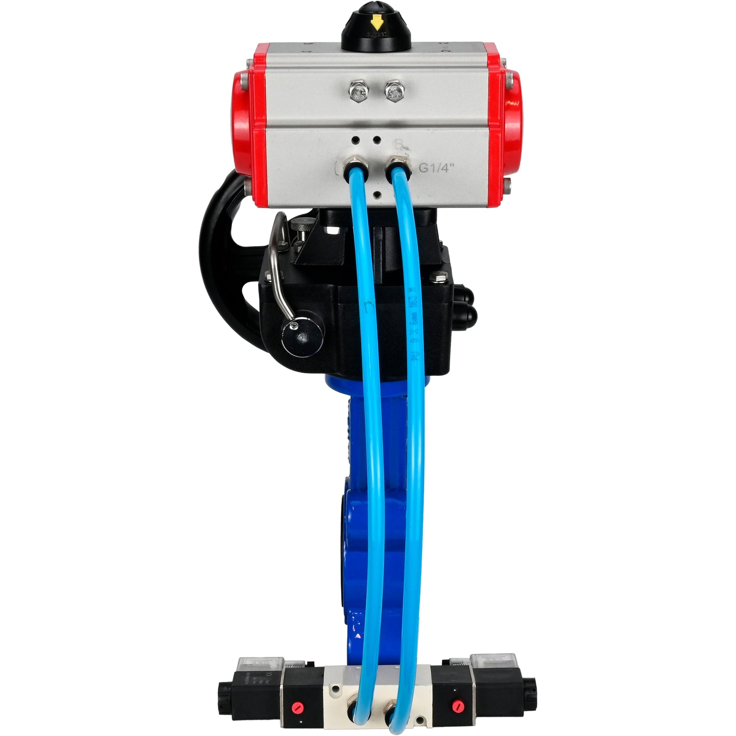 Wasser-Schmetterlingsventil Elephant WBV1616N-2W-Fb-H, Gehäusematerial - Gusseisen QT450, Scheibenmaterial - Gusseisen QT450, Dichtung - NBR, mit pneumatischem Doppelwirkungsantrieb PA-DA, 4V320-10 220V, Handrad MON