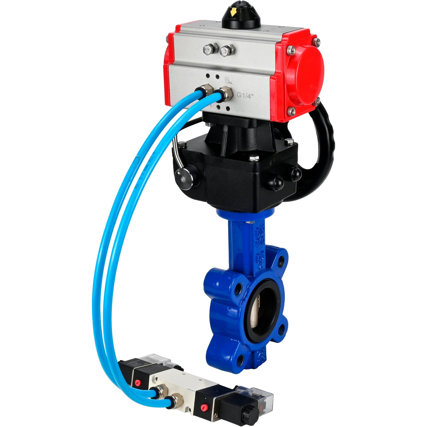 Wasser-Schmetterlingsventil Elephant WBV1616N-2W-Fb-H, Gehäusematerial - Gusseisen QT450, Scheibenmaterial - Gusseisen QT450, Dichtung - NBR, mit pneumatischem Doppelwirkungsantrieb PA-DA, 4V320-10 220V, Handrad MON