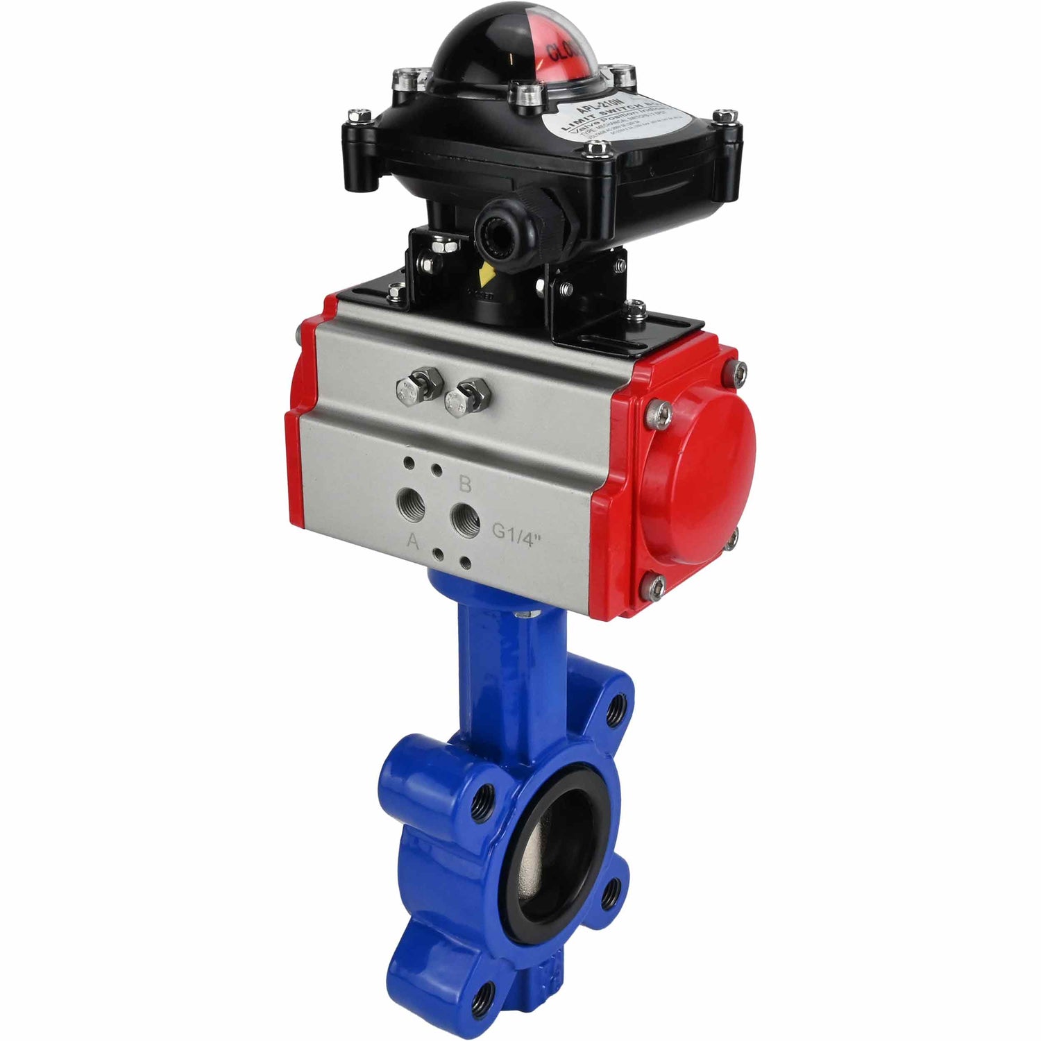 Wasser-Schmetterlingsventil Elephant WBV1616N-2W-Fb-H, Gehäusematerial - Gusseisen QT450, Scheibenmaterial - Gusseisen QT450, Dichtung - NBR, mit pneumatischem Doppelwirkungsantrieb PA-DA, LSU APL-210N