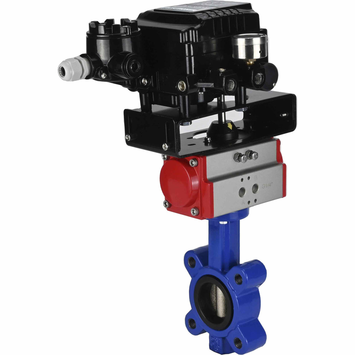 Vanne papillon d'eau Elephant WBV1616N-2W-Fb-H, matériau du corps - fonte QT450, matériau du disque - fonte QT450, joint - NBR, avec actionneur pneumatique double effet PA-DA, positionneur rotatif électropneumatique YT-1000RSN sans rétroaction