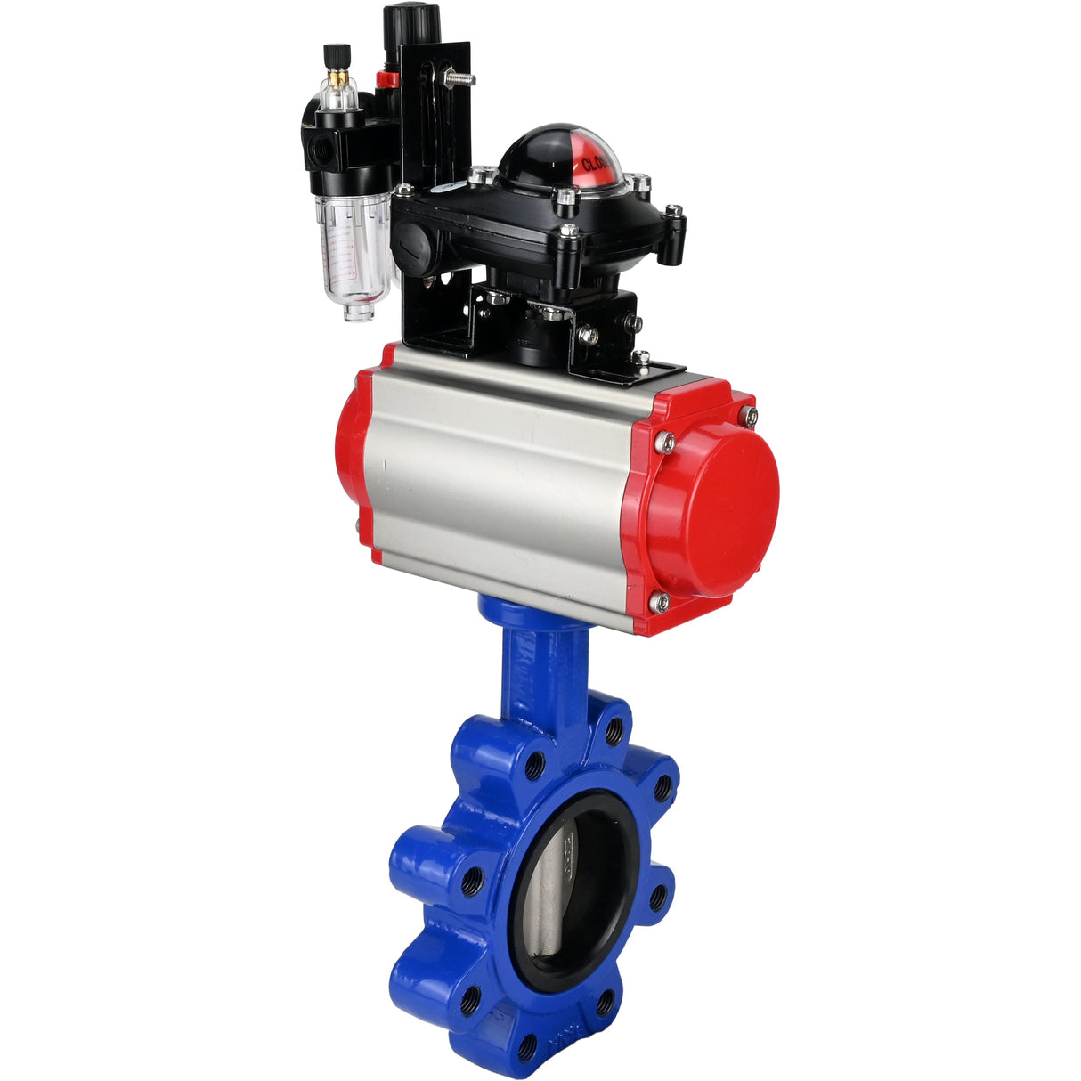 Wasser-Schmetterlingsventil Elephant WBV1631E-2W-Fb-H, Gehäusematerial - Gusseisen QT450, Scheibenmaterial - Edelstahl AISI 304, Dichtung - EPDM, pneumatischer Antrieb PA-SA mit Rückstellfedern, 4M310-08 220V, LSU APL-210N, ATU AFC2000