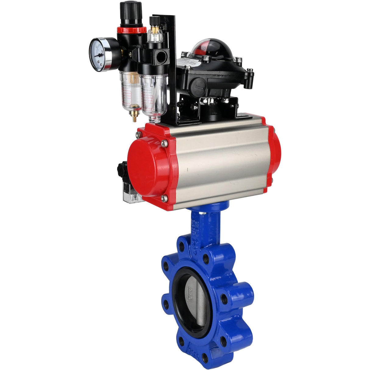 Wasser-Schmetterlingsventil Elephant WBV1631E-2W-Fb-H, Gehäusematerial - Gusseisen QT450, Scheibenmaterial - Edelstahl AISI 304, Dichtung - EPDM, pneumatischer Antrieb PA-SA mit Rückstellfedern, 4M310-08 220V, LSU APL-210N, ATU AFC2000