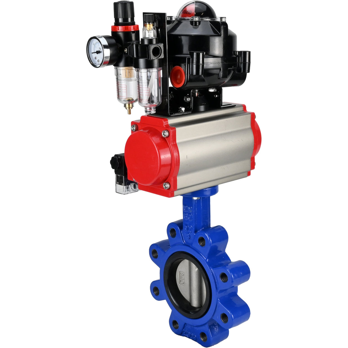 Wasser-Schmetterlingsventil Elephant WBV1631E-2W-Fb-H, Gehäusematerial - Gusseisen QT450, Scheibenmaterial - Edelstahl AISI 304, Dichtung - EPDM, pneumatischer Antrieb PA-SA mit Rückstellfedern, 4M310-08 220V, LSU APL-510N EX, ATU AFC2000