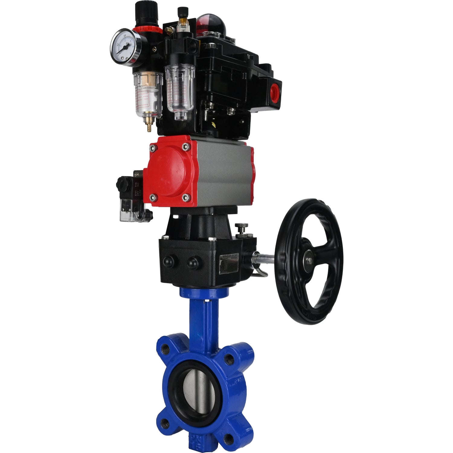 Wasser-Schmetterlingsventil Elephant WBV1631N-2W-Fb-H, Gehäusematerial - Gusseisen QT450, Scheibenmaterial - Edelstahl AISI 304, Dichtung - NBR, pneumatischer Antrieb PA-DA Doppelwirkung, 4M310-08 24V, LSU APL-410N EX, Handrad MON, ATU AFC2000
