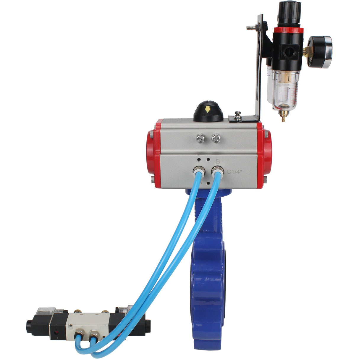 Wasser-Schmetterlingsventil Elephant WBV1631E-2W-Fb-H, Gehäusematerial - Gusseisen QT450, Scheibenmaterial - Edelstahl AISI 304, Dichtung - EPDM, pneumatischer Antrieb PA-SA mit Rückstellfedern, 4V320-10 220V ATU AFC2000