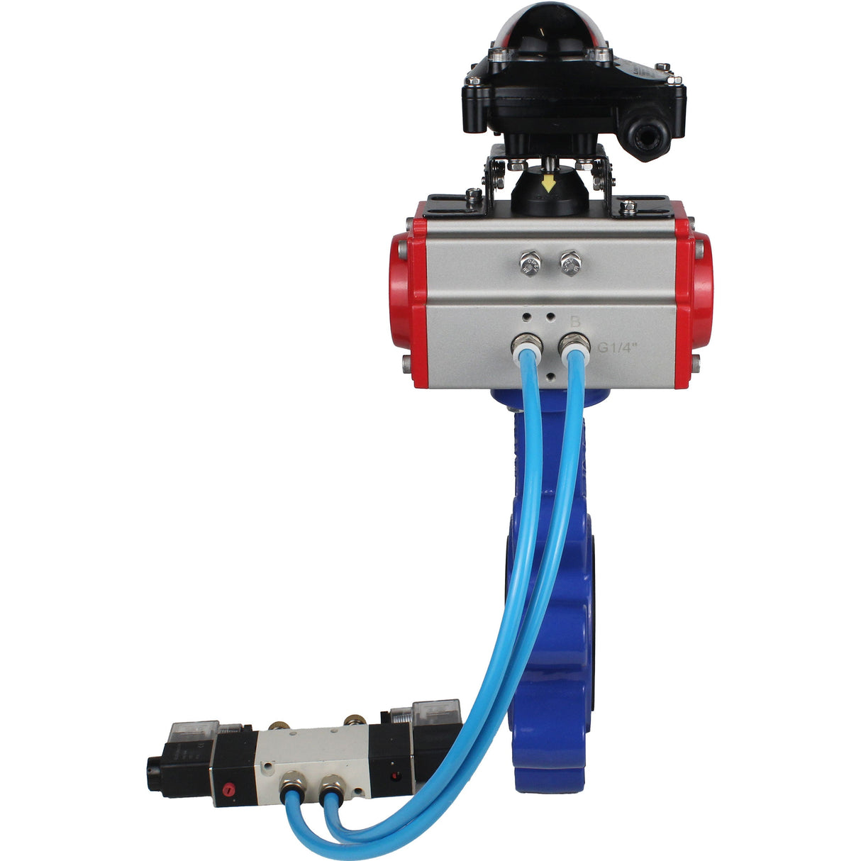 Wasser-Schmetterlingsventil Elephant WBV1631E-2W-Fb-H, Gehäusematerial - Gusseisen QT450, Scheibenmaterial - Edelstahl AISI 304, Dichtung - EPDM, pneumatischer Antrieb PA-SA mit Rückstellfedern, 4V320-08 220V, LSU APL-210N