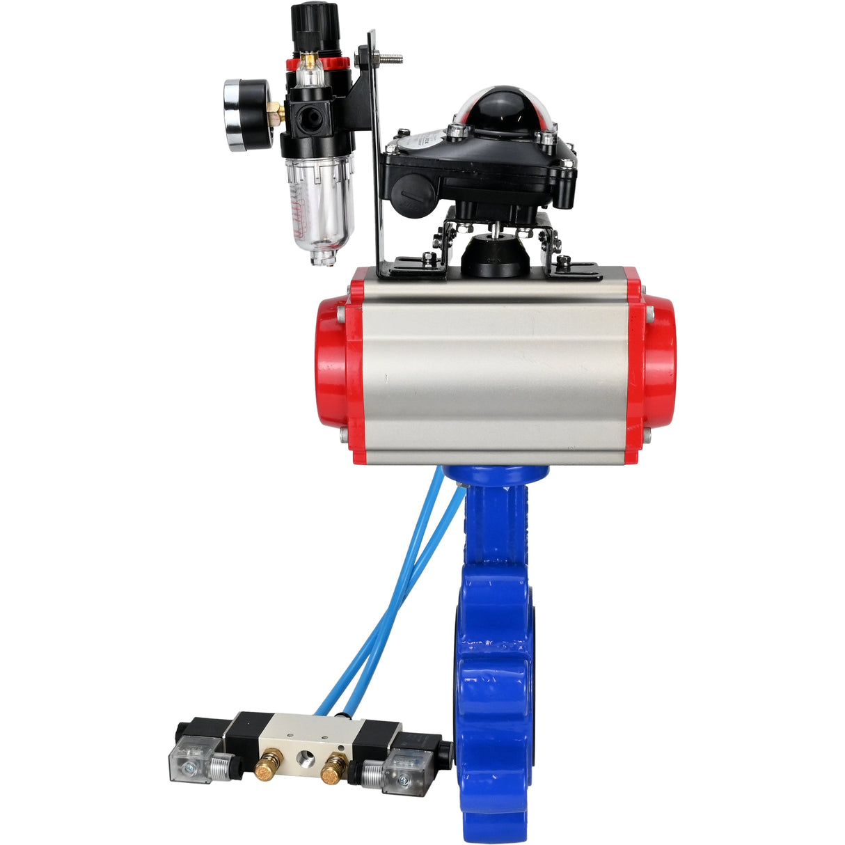 Wasser-Schmetterlingsventil Elephant WBV1631E-2W-Fb-H, Gehäusematerial - Gusseisen QT450, Scheibenmaterial - Edelstahl AISI 304, Dichtung - EPDM, pneumatischer Antrieb PA-SA mit Rückstellfedern, 4V320-10 220V, LSU APL-210N, ATU AFC2000