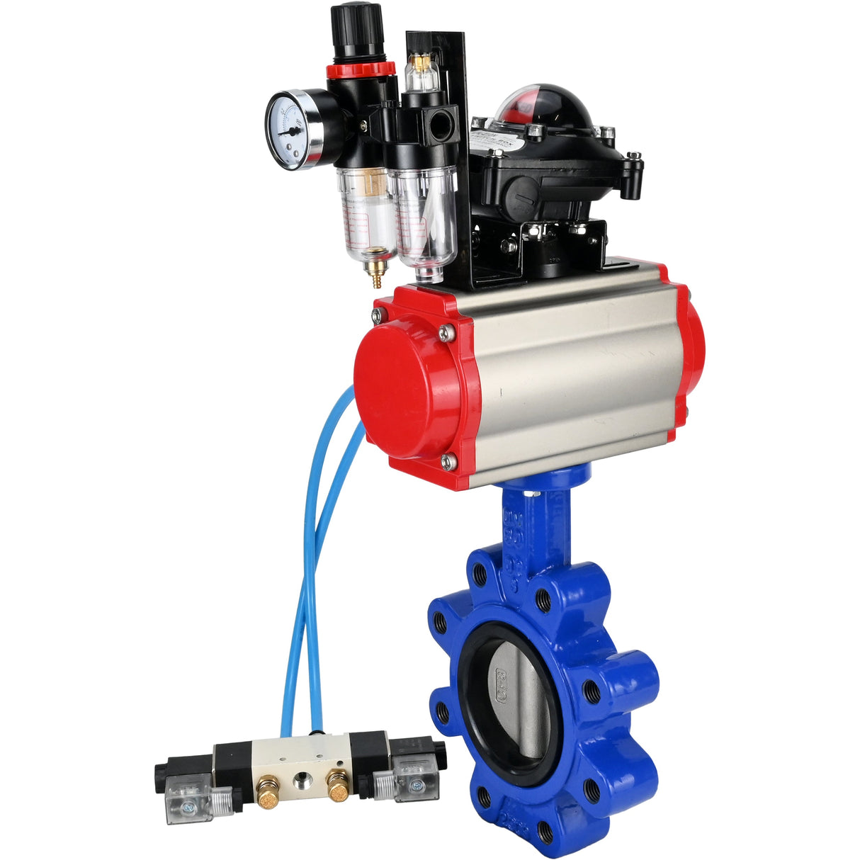 Wasser-Schmetterlingsventil Elephant WBV1631E-2W-Fb-H, Gehäusematerial - Gusseisen QT450, Scheibenmaterial - Edelstahl AISI 304, Dichtung - EPDM, pneumatischer Antrieb PA-SA mit Rückstellfedern, 4V320-08 220V, LSU APL-210N, ATU AFC2000