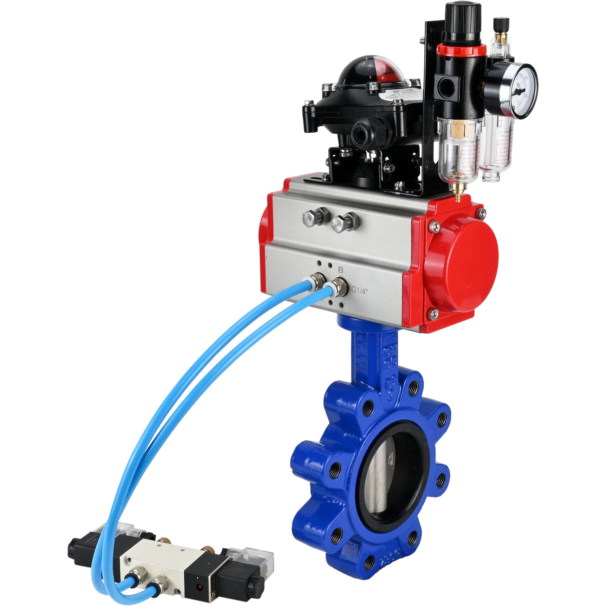 Wasser-Schmetterlingsventil Elephant WBV1631E-2W-Fb-H, Gehäusematerial - Gusseisen QT450, Scheibenmaterial - Edelstahl AISI 304, Dichtung - EPDM, pneumatischer Antrieb PA-SA mit Rückstellfedern, 4V320-08 220V, LSU APL-210N, ATU AFC2000