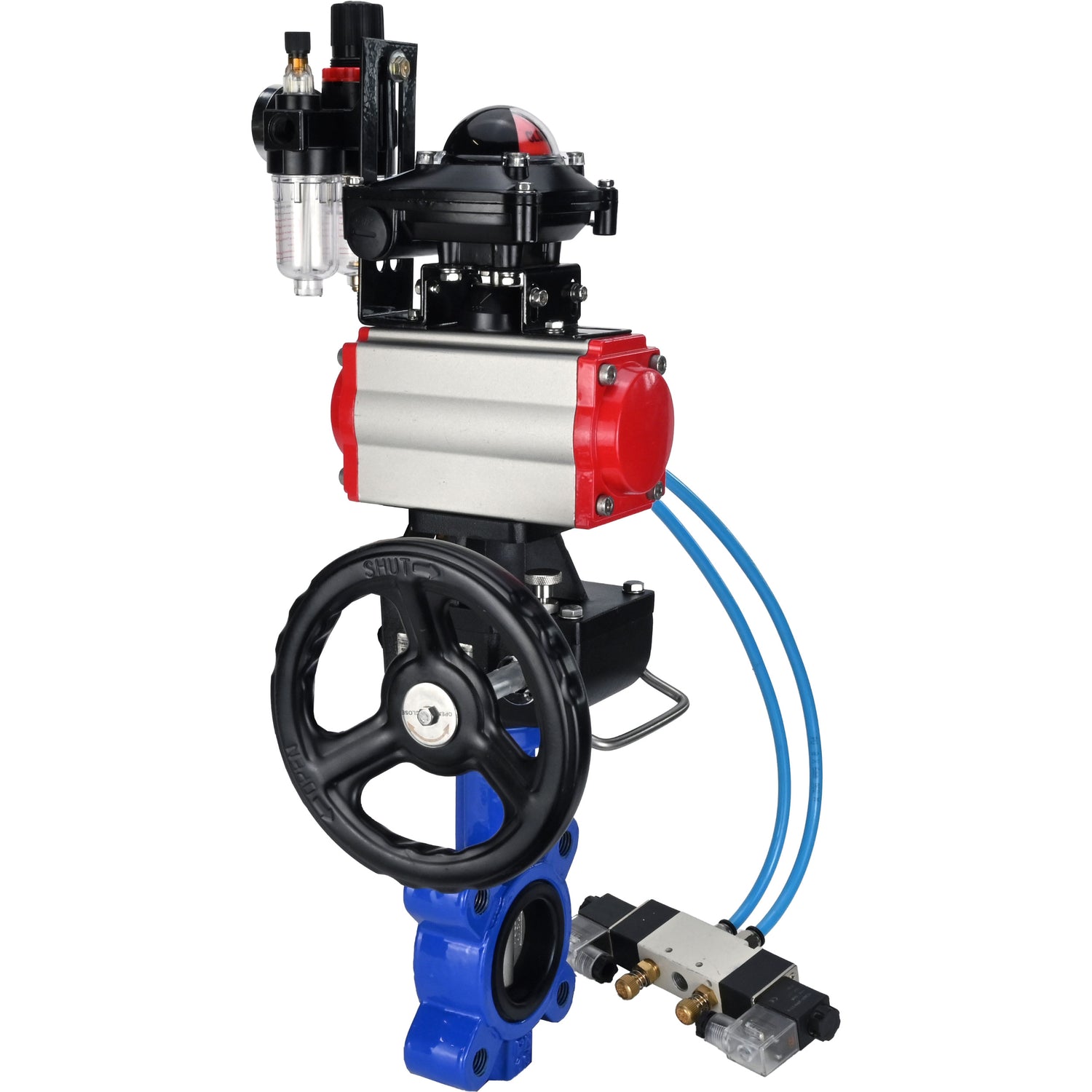 Wasser-Schmetterlingsventil Elephant WBV1631N-2W-Fb-H, Gehäusematerial - Gusseisen QT450, Scheibenmaterial - Edelstahl AISI 304, Dichtung - NBR, pneumatischer Antrieb PA-DA Doppelwirkung, 4V320-08 220V, LSU APL-210N, Handrad MON, ATU AFC2000
