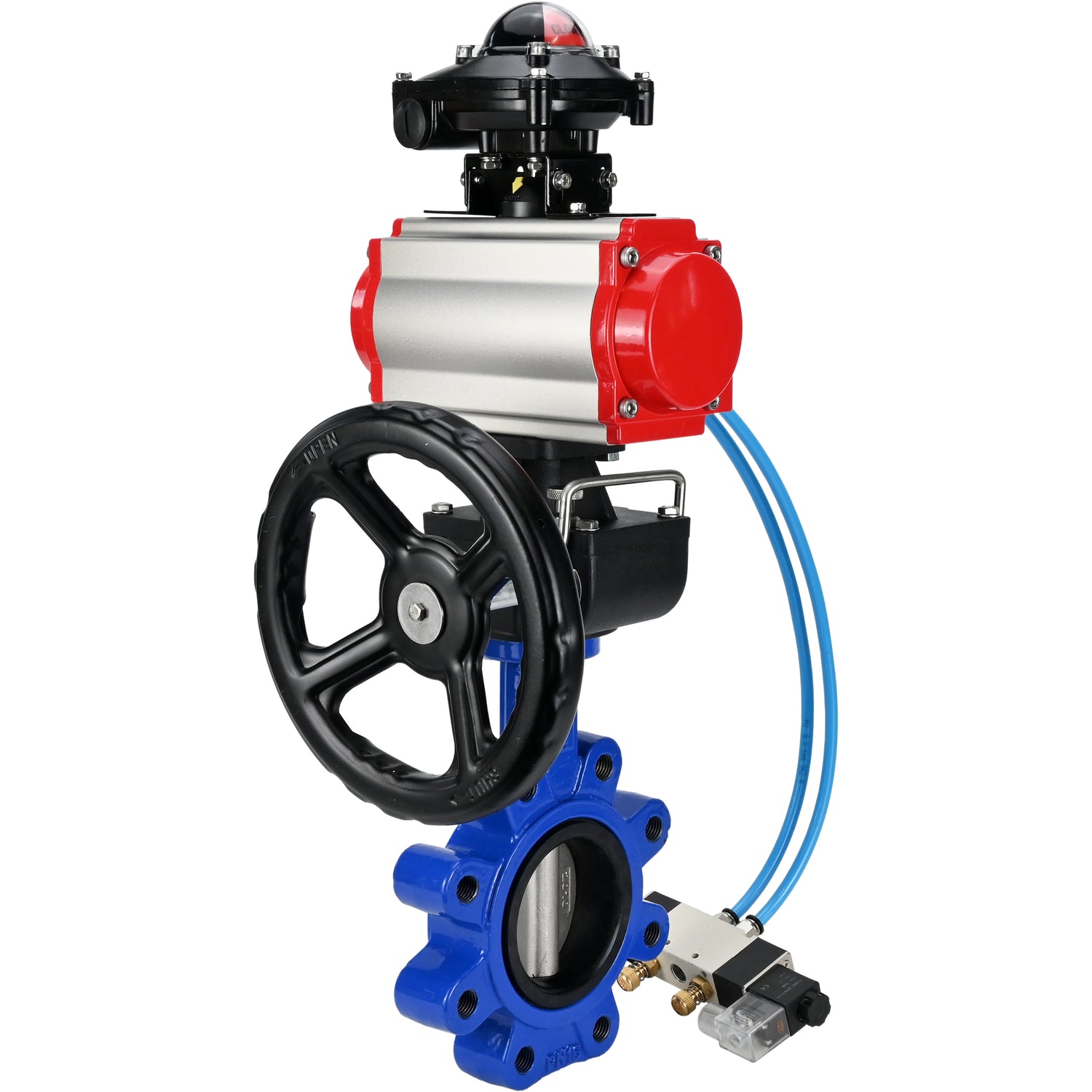 Wasser-Schmetterlingsventil Elephant WBV1631N-2W-Fb-H, Gehäusematerial - Gusseisen QT450, Scheibenmaterial - Edelstahl AISI 304, Dichtung - NBR, pneumatischer Antrieb PA-DA Doppelwirkung, 4V320-08 220V, LSU APL-210N, Handrad MON