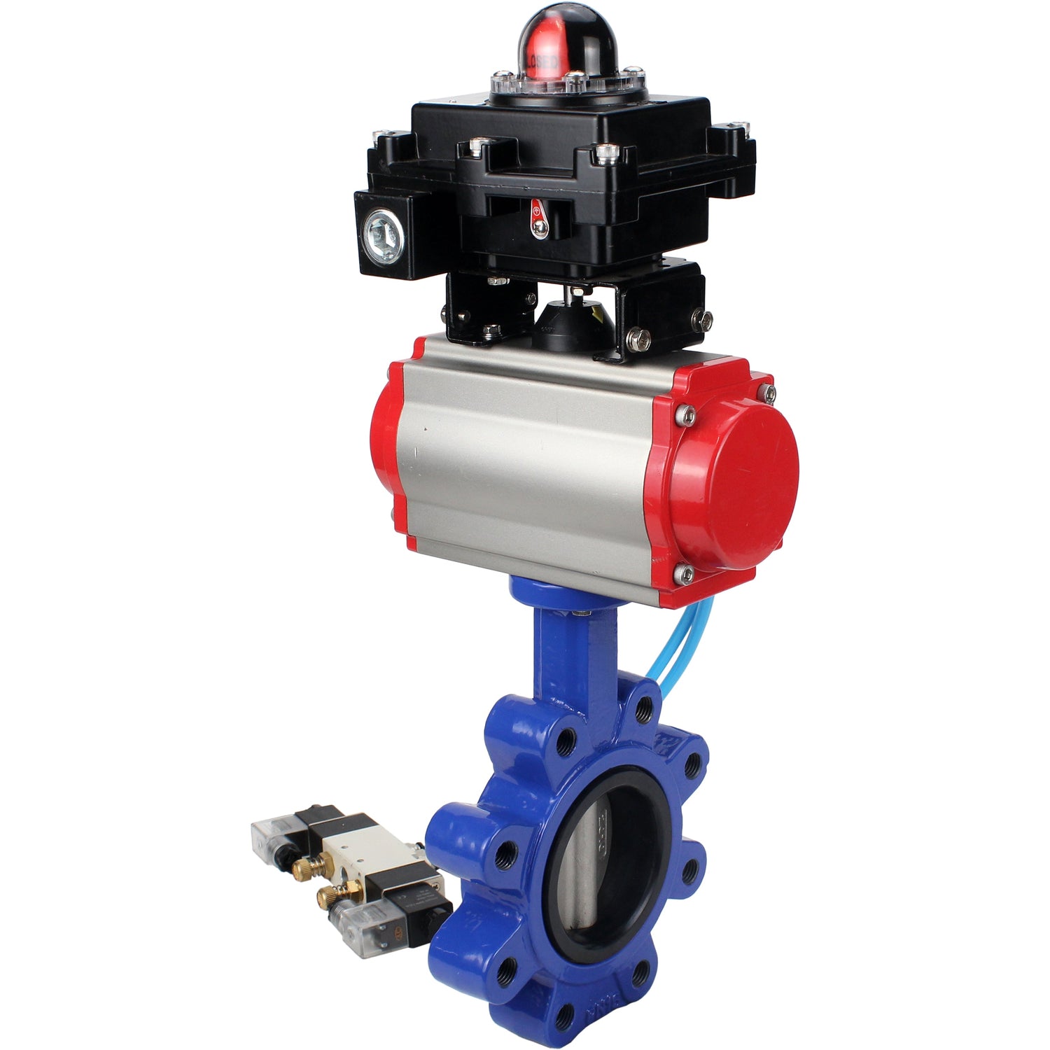 Wasser-Schmetterlingsventil Elephant WBV1631E-2W-Fb-H, Gehäusematerial - Gusseisen QT450, Scheibenmaterial - Edelstahl AISI 304, Dichtung - EPDM, mit pneumatischem Doppelwirkungsantrieb PA-DA, 4V320-08 220V, LSU APL-410N EX