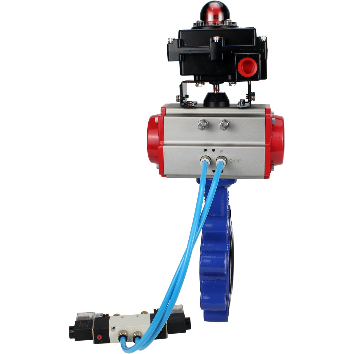 Wasser-Schmetterlingsventil Elephant WBV1631E-2W-Fb-H, Gehäusematerial - Gusseisen QT450, Scheibenmaterial - Edelstahl AISI 304, Dichtung - EPDM, pneumatischer Antrieb PA-SA mit Rückstellfedern, 4V320-10 220V, LSU APL-410N EX