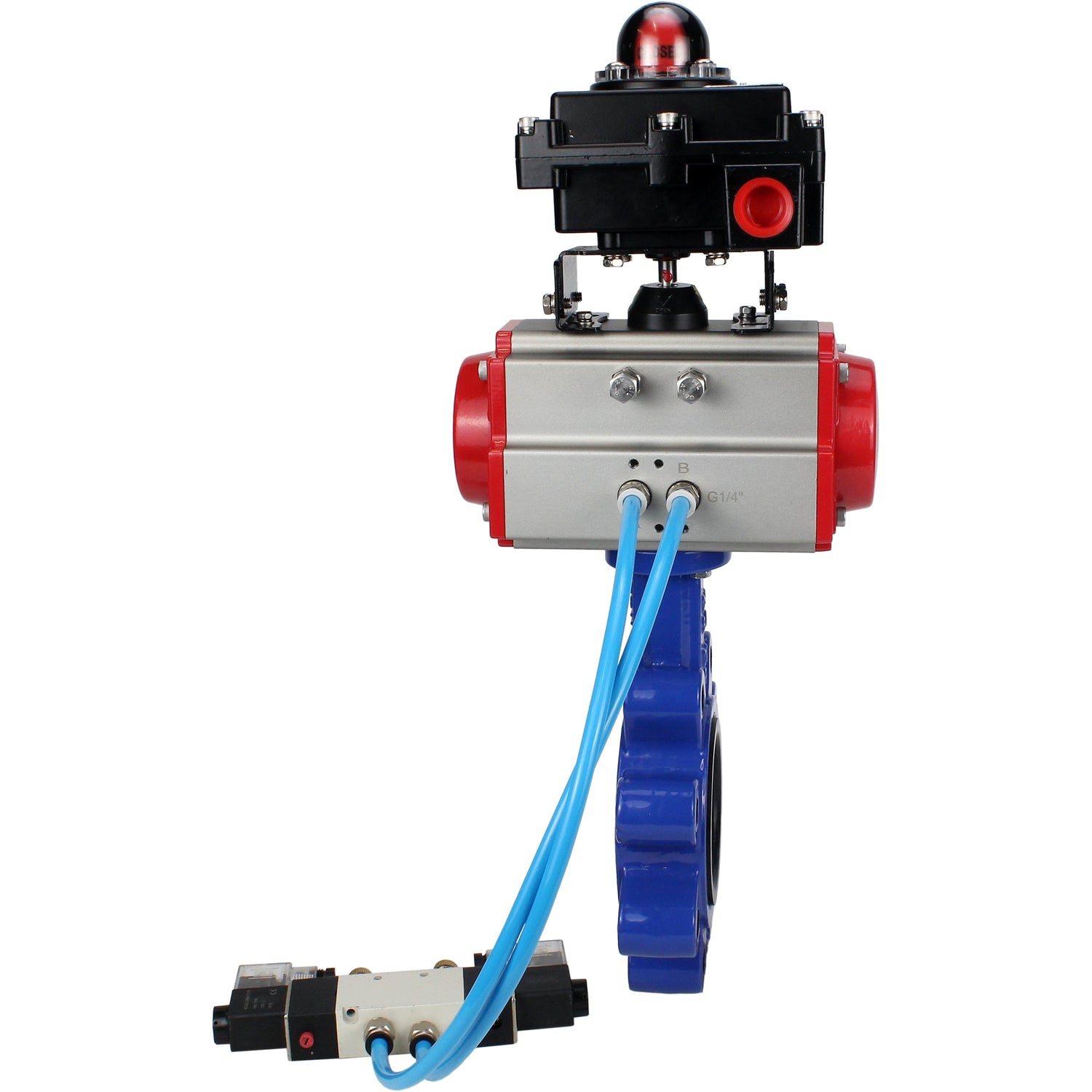 Wasser-Schmetterlingsventil Elephant WBV1631E-2W-Fb-H, Gehäusematerial - Gusseisen QT450, Scheibenmaterial - Edelstahl AISI 304, Dichtung - EPDM, mit pneumatischem Doppelwirkungsantrieb PA-DA, 4V320-08 220V, LSU APL-410N EX