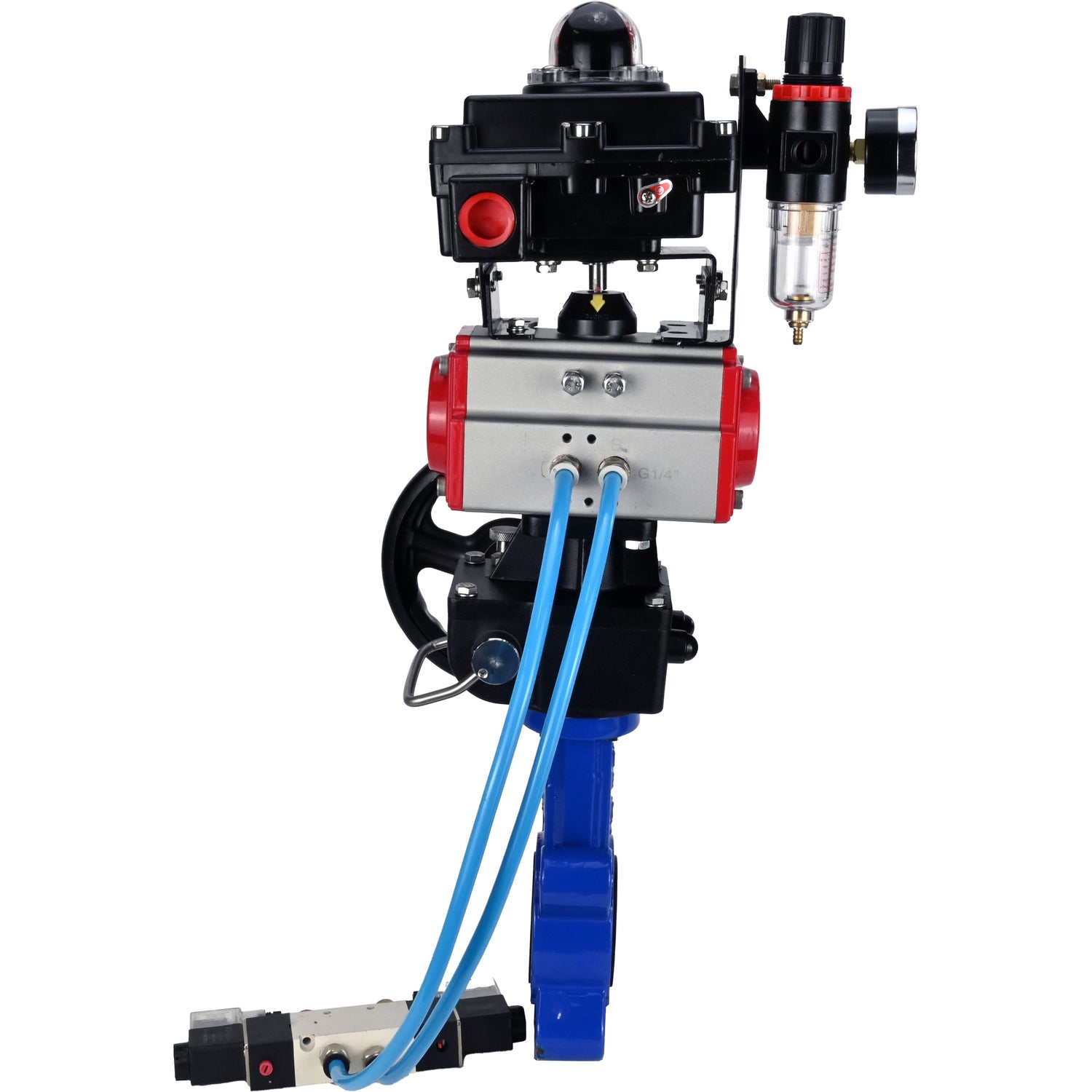 Wasser-Schmetterlingsventil Elephant WBV1631N-2W-Fb-H, Gehäusematerial - Gusseisen QT450, Scheibenmaterial - Edelstahl AISI 304, Dichtung - NBR, pneumatischer Antrieb PA-DA Doppelwirkung, 4V320-10 220V, LSU APL-410N EX, Handrad MON, ATU AFC2000