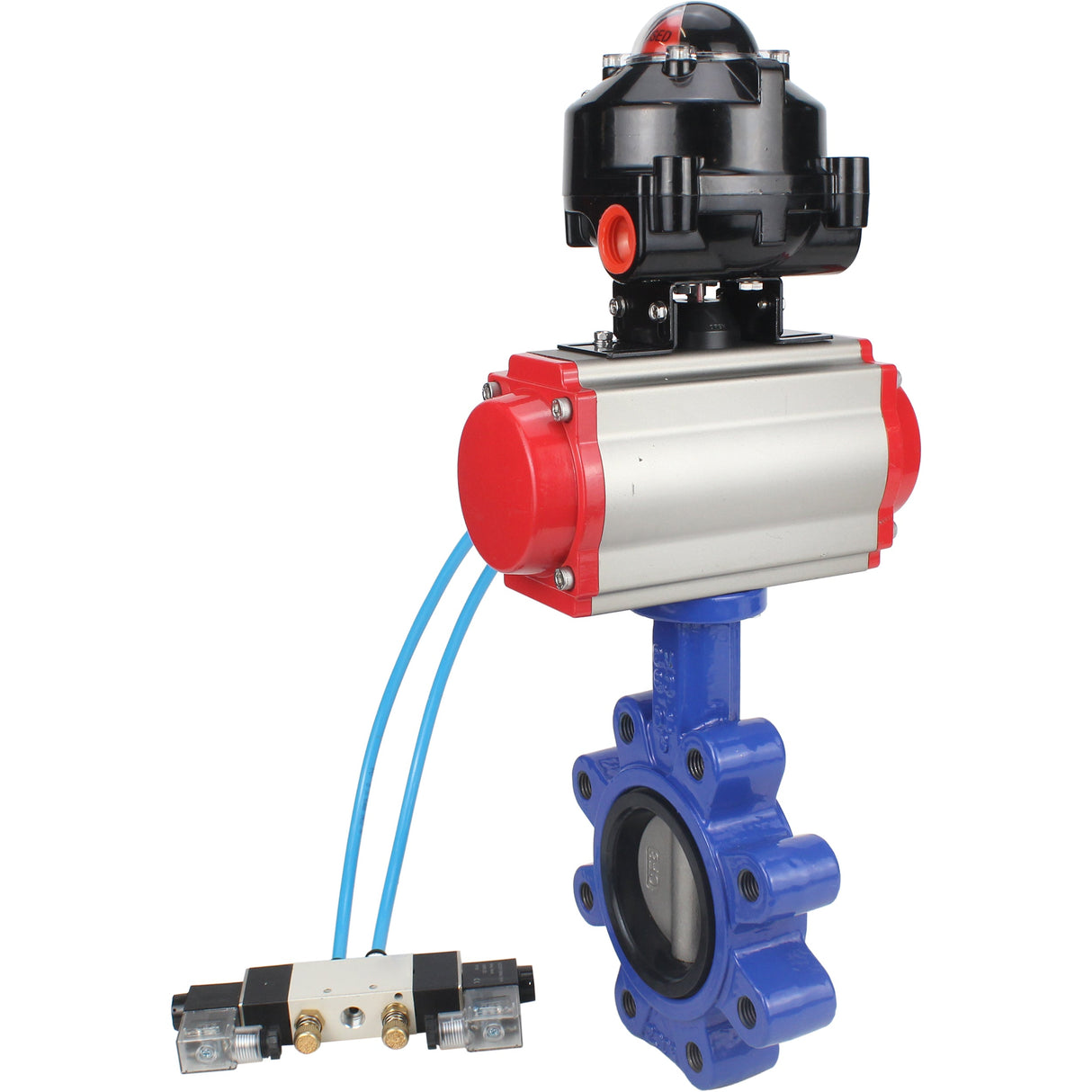 Wasser-Schmetterlingsventil Elephant WBV1631E-2W-Fb-H, Gehäusematerial - Gusseisen QT450, Scheibenmaterial - Edelstahl AISI 304, Dichtung - EPDM, pneumatischer Antrieb PA-SA mit Rückstellfedern, 4V320-08 220V, LSU APL-510N EX