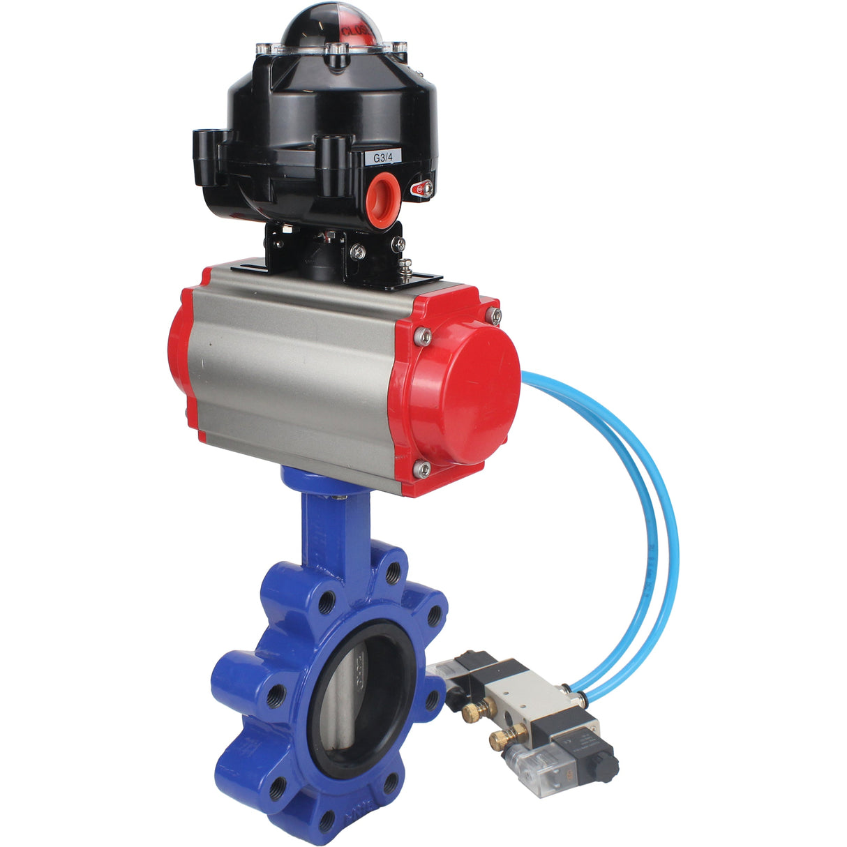 Wasser-Schmetterlingsventil Elephant WBV1631E-2W-Fb-H, Gehäusematerial - Gusseisen QT450, Scheibenmaterial - Edelstahl AISI 304, Dichtung - EPDM, pneumatischer Antrieb PA-SA mit Rückstellfedern, 4V320-08 220V, LSU APL-510N EX