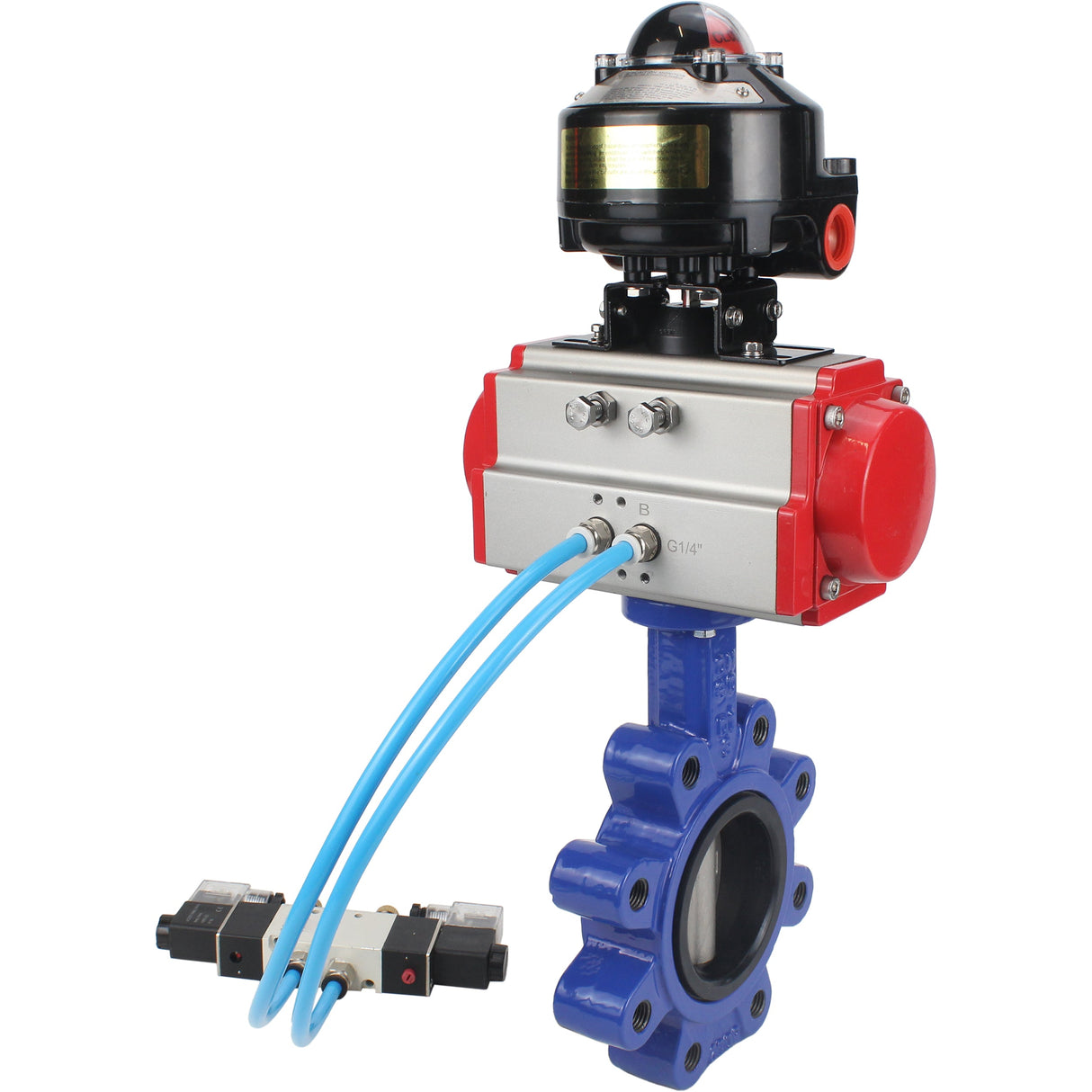 Wasser-Schmetterlingsventil Elephant WBV1631E-2W-Fb-H, Gehäusematerial - Gusseisen QT450, Scheibenmaterial - Edelstahl AISI 304, Dichtung - EPDM, pneumatischer Antrieb PA-SA mit Rückstellfedern, 4V320-08 220V, LSU APL-510N EX