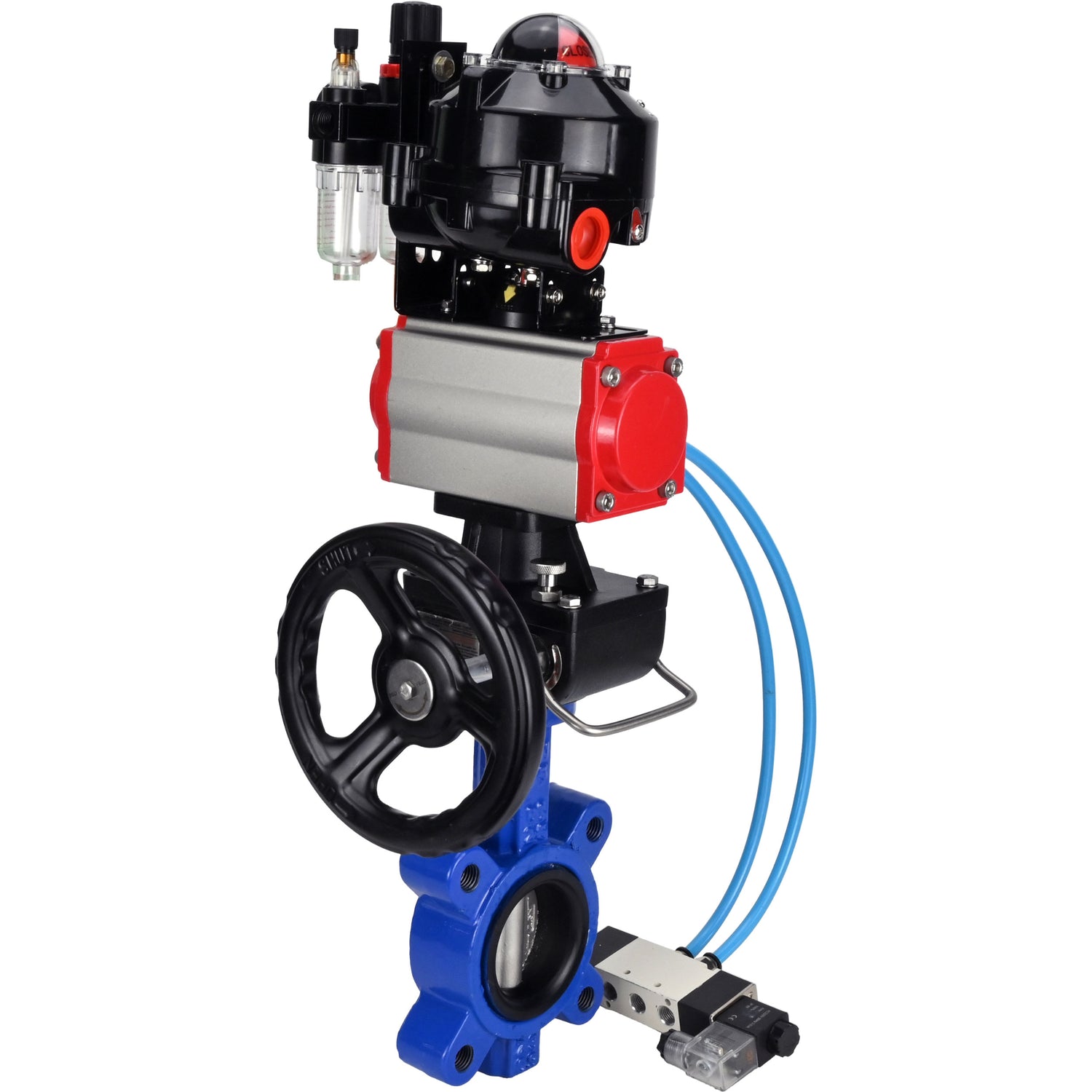 Wasser-Schmetterlingsventil Elephant WBV1631N-2W-Fb-H, Gehäusematerial - Gusseisen QT450, Scheibenmaterial - Edelstahl AISI 304, Dichtung - NBR, pneumatischer Antrieb PA-DA Doppelwirkung, 4V320-08 220V, LSU APL-510N EX, Handrad MON, ATU AFC2000