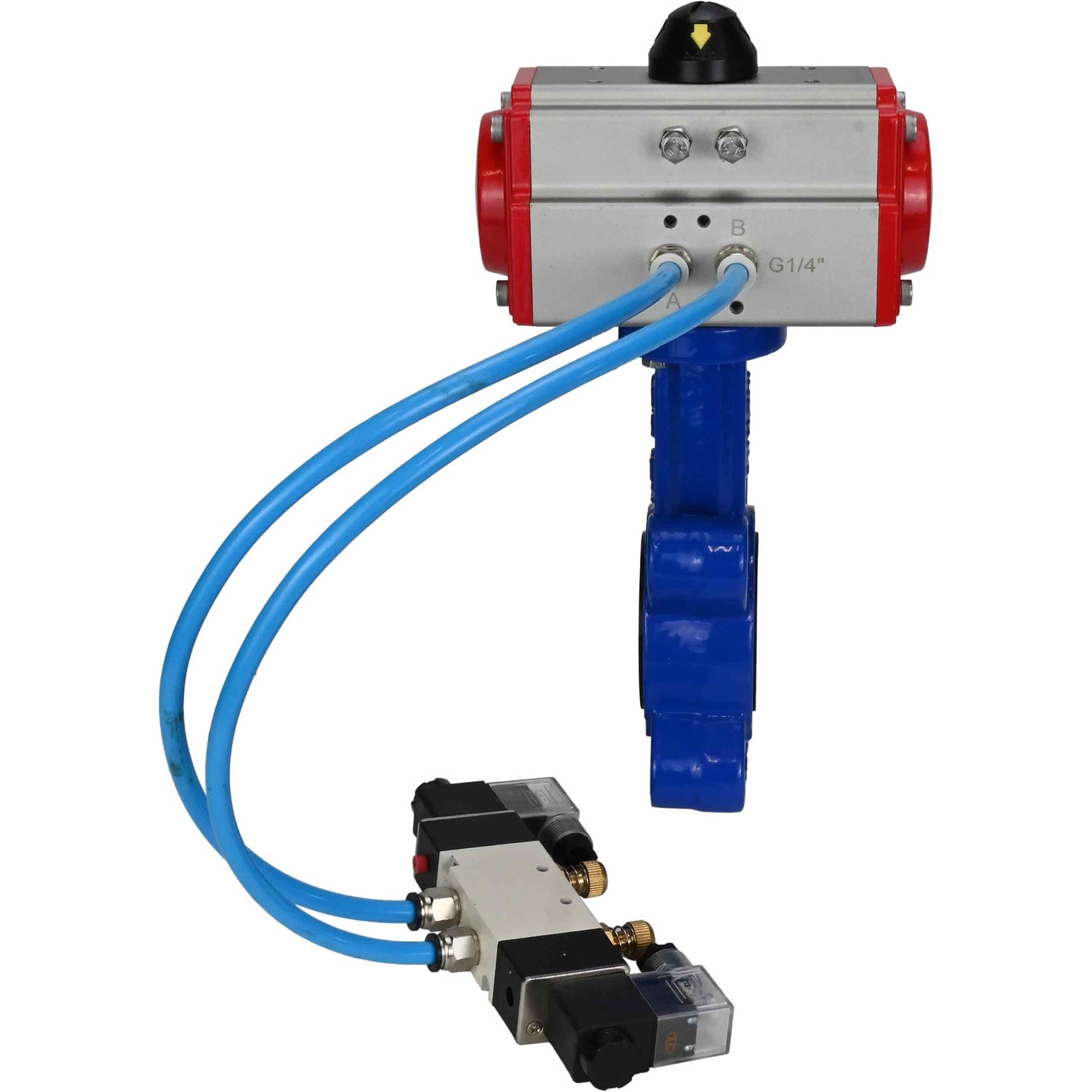 Wasser-Schmetterlingsventil Elephant WBV1631E-2W-Fb-H, Gehäusematerial - Gusseisen QT450, Scheibenmaterial - Edelstahl AISI 304, Dichtung - EPDM, mit pneumatischem Doppelwirkungsantrieb PA-DA, 4V320-10 220V