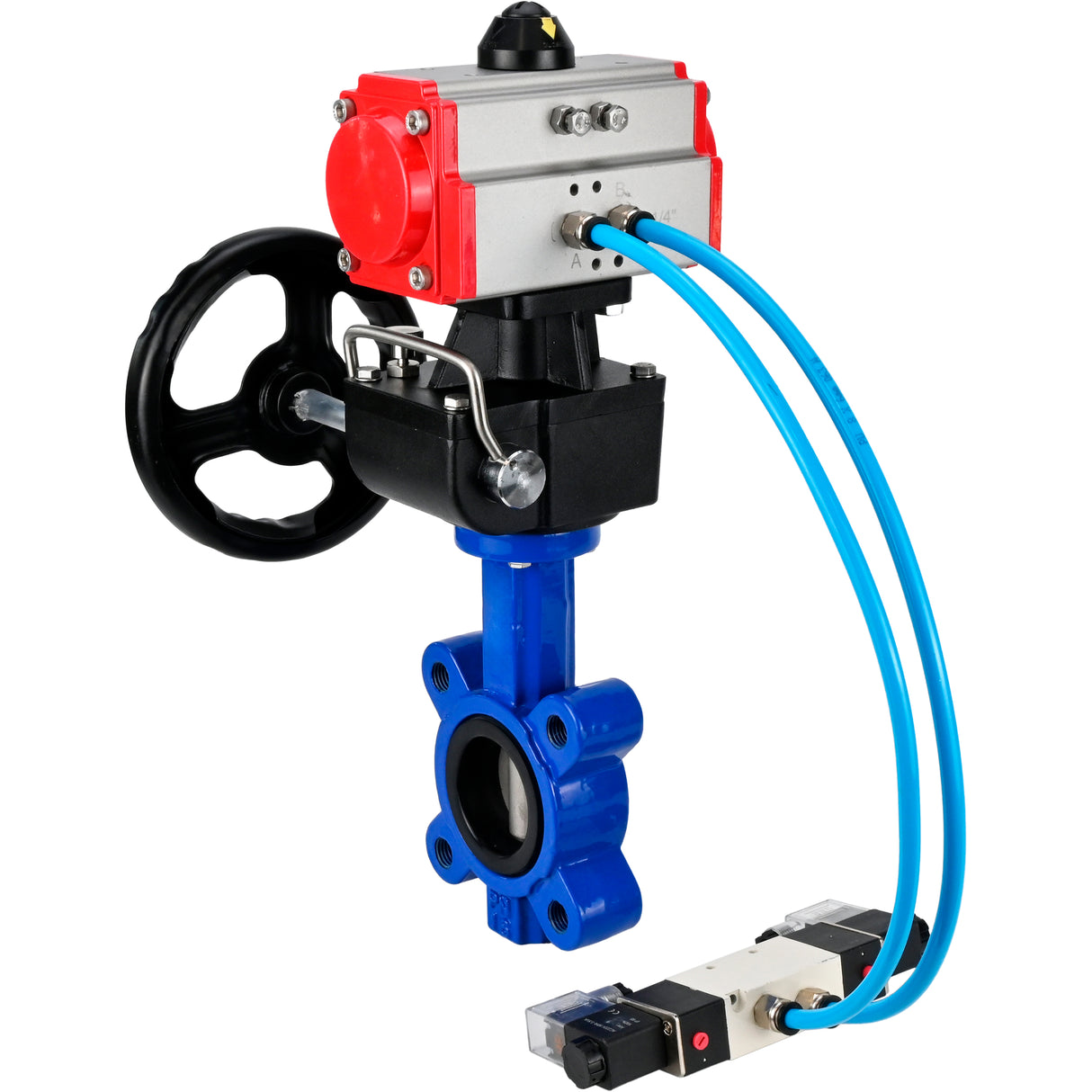 Wasser-Schmetterlingsventil Elephant WBV1631N-2W-Fb-H, Gehäusematerial - Gusseisen QT450, Scheibenmaterial - Edelstahl AISI 304, Dichtung - NBR, mit pneumatischem Doppelwirkungsantrieb PA-DA, 4V320-08 220V, Handrad MON