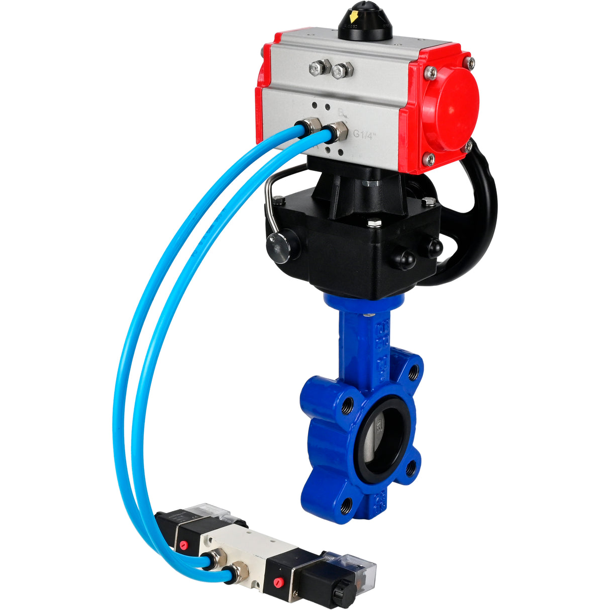 Wasser-Schmetterlingsventil Elephant WBV1631N-2W-Fb-H, Gehäusematerial - Gusseisen QT450, Scheibenmaterial - Edelstahl AISI 304, Dichtung - NBR, mit pneumatischem Doppelwirkungsantrieb PA-DA, 4V320-08 220V, Handrad MON