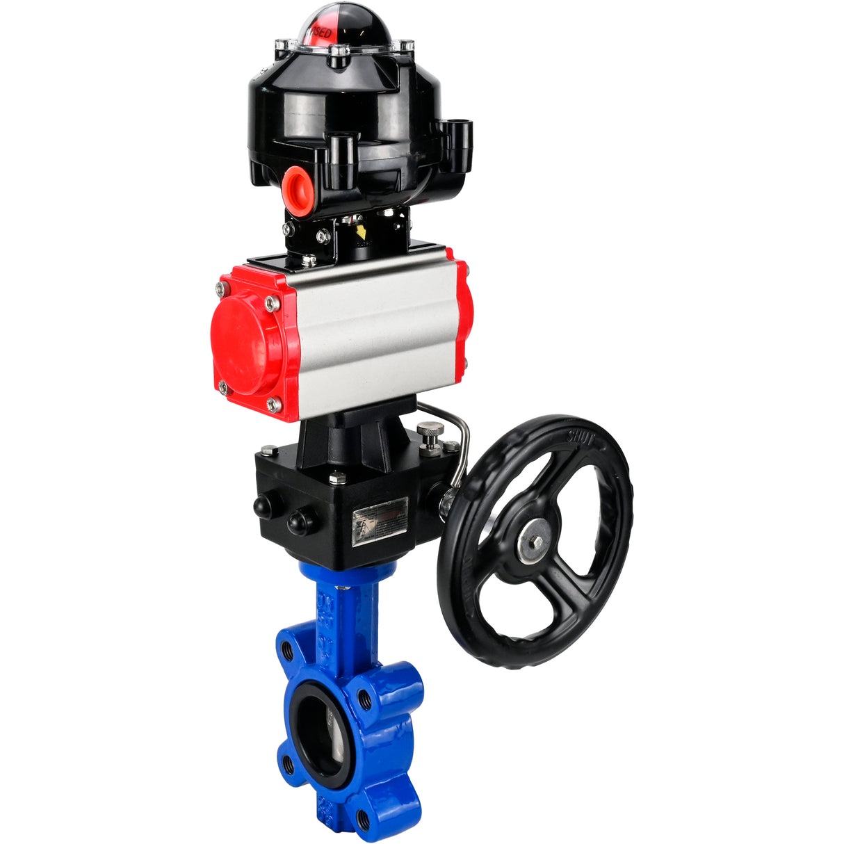 Wasser-Schmetterlingsventil Elephant WBV1631N-2W-Fb-H, Gehäusematerial - Gusseisen QT450, Scheibenmaterial - Edelstahl AISI 304, Dichtung - NBR, mit pneumatischem Doppelwirkungsantrieb PA-DA, Handrad MON, LSU APL-510N EX