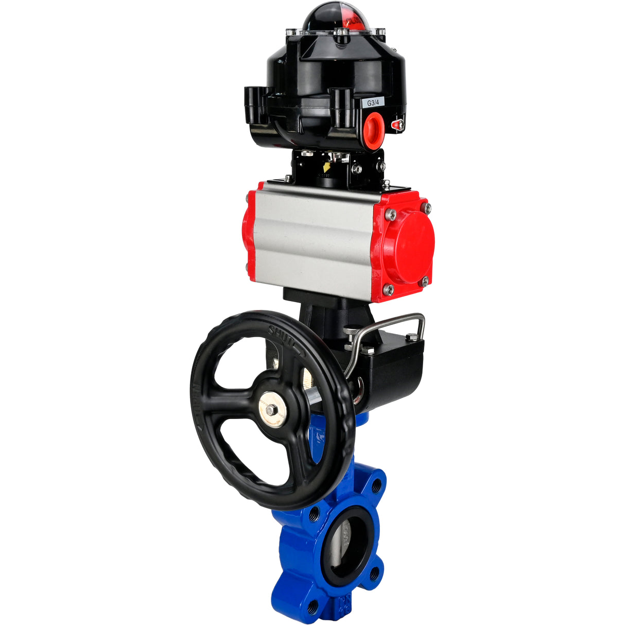 Wasser-Schmetterlingsventil Elephant WBV1631E-2W-Fb-H, Gehäusematerial - Gusseisen QT450, Scheibenmaterial - Edelstahl AISI 304, Dichtung - EPDM, mit pneumatischem Doppelwirkungsantrieb PA-DA, Handrad MON, LSU APL-510N EX