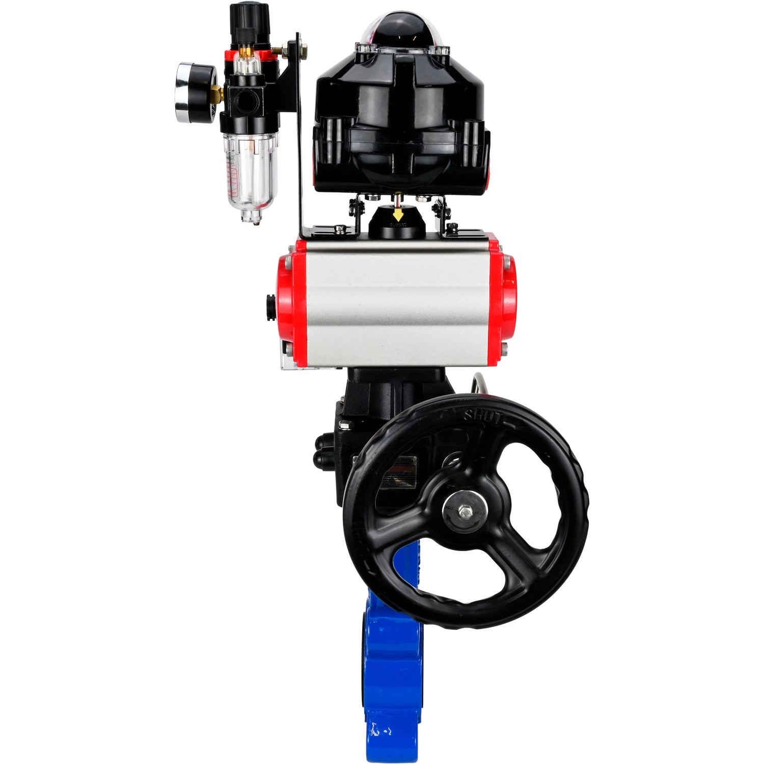 Wasser-Schmetterlingsventil Elephant WBV1631N-2W-Fb-H, Gehäusematerial - Gusseisen QT450, Scheibenmaterial - Edelstahl AISI 304, Dichtung - NBR, pneumatischer Antrieb PA-DA Doppelwirkung, 4M310-08 24V, LSU APL-510N EX, Handrad MON, ATU AFC2000