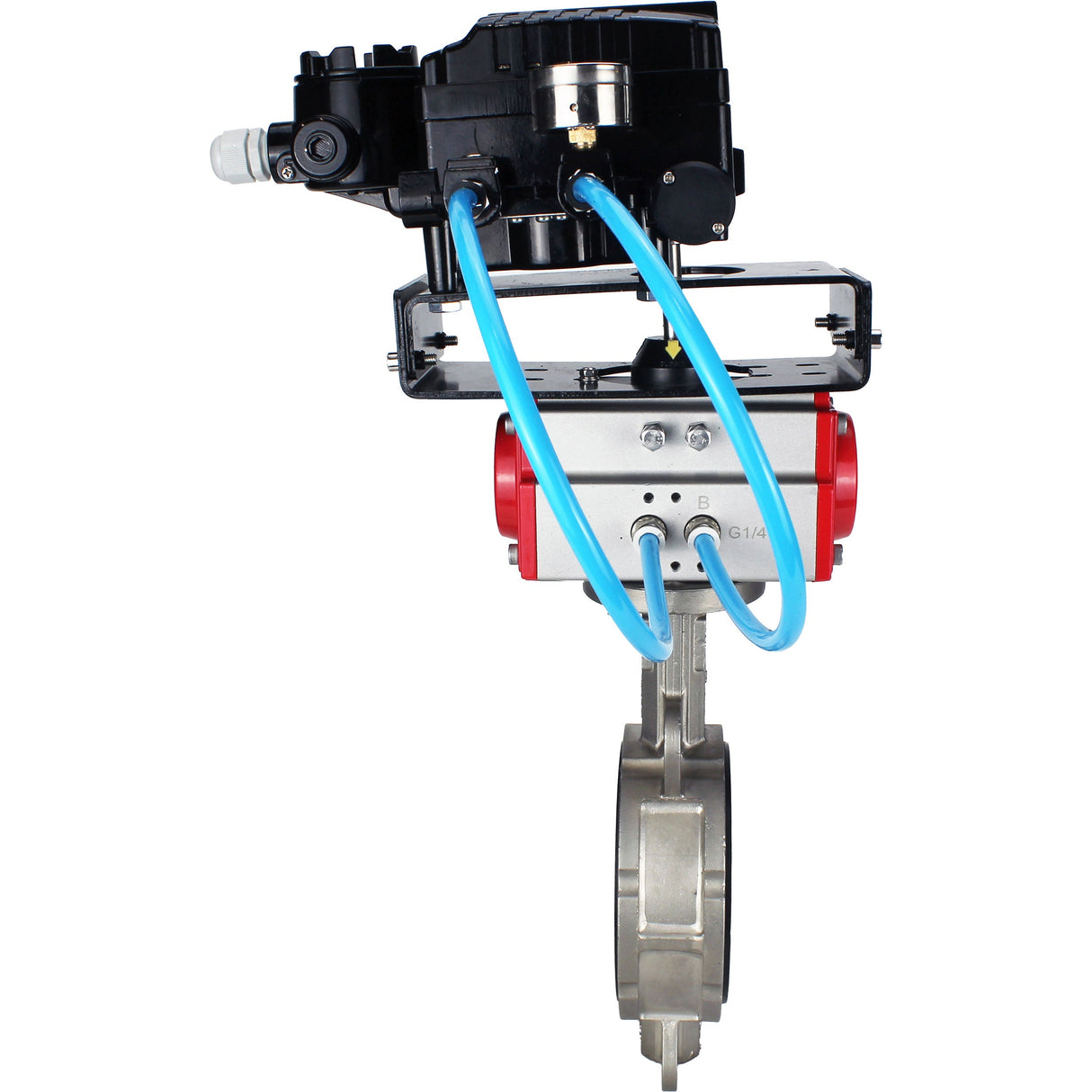 Wasser-Schmetterlingsventil Elephant WBV3131N-2W-Fb-H, Gehäusematerial - Edelstahl AISI 304, Scheibenmaterial - Edelstahl AISI 304, Dichtung - NBR, pneumatischer Antrieb PA-SA mit Rückstellfedern, Positionsregler YT-1000RSN mit Rückmeldung