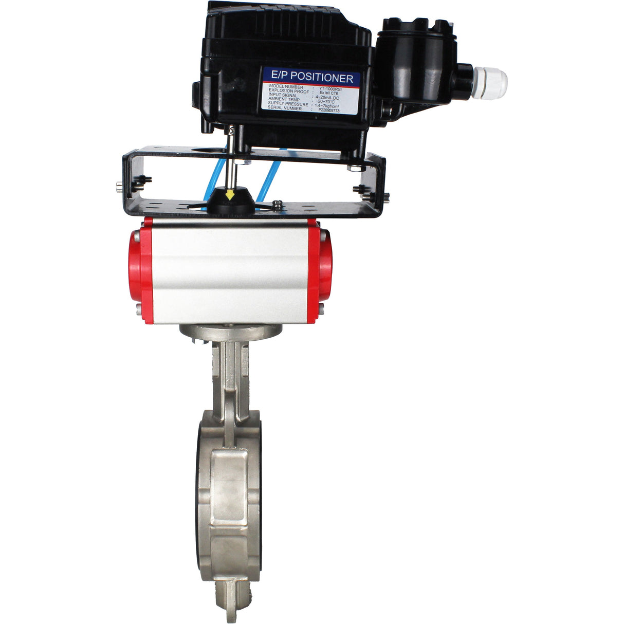 Wasser-Schmetterlingsventil Elephant WBV3131N-2W-Fb-H, Gehäusematerial - Edelstahl AISI 304, Scheibenmaterial - Edelstahl AISI 304, Dichtung - NBR, pneumatischer Antrieb PA-SA mit Rückstellfedern, Positionsregler YT-1000RSN mit Rückmeldung