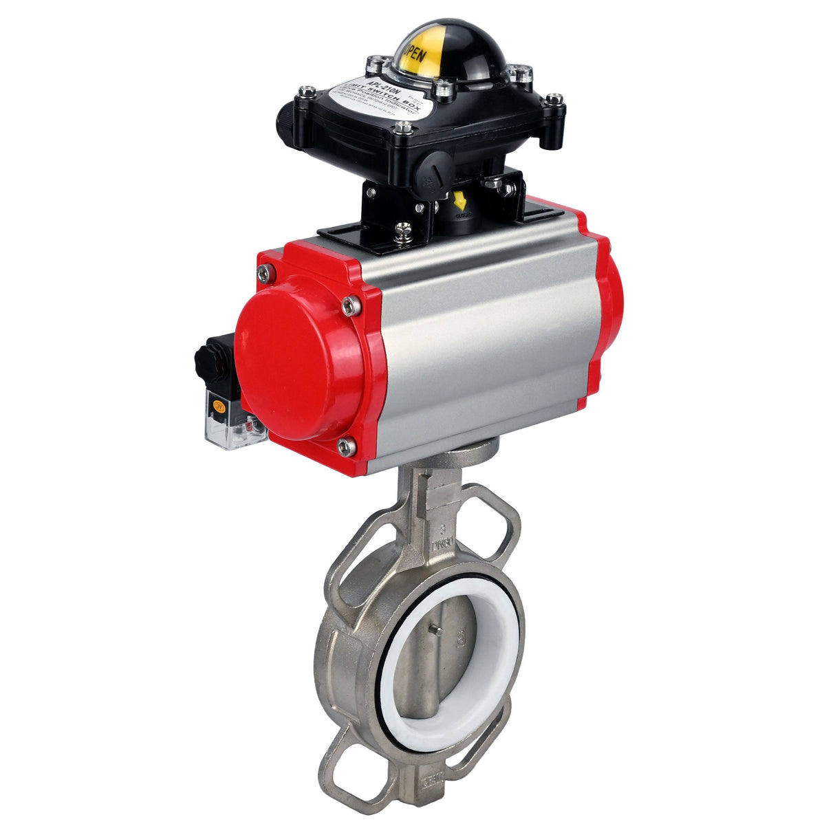 Wasserabsperrklappe Elephant 316l-316l-ptfe-da-4m310-110/220-apl210n, Gehäusematerial – Edelstahl AISI 316L, Scheibenmaterial – Edelstahl AISI 316L, Dichtung – PTFE, pneumatischer Antrieb betätigt