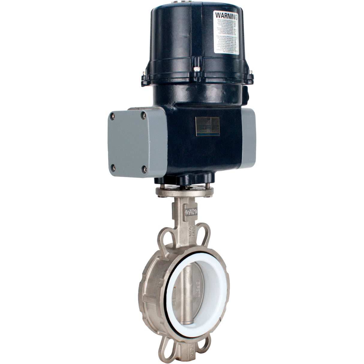Absperrklappen Elephant WBV3232P-2W-Fb-H mit Zwischenflansch, Gehäuse - Edelstahl AISI 316L, Scheibe - Edelstahl 316L, Dichtung - PTFE, mit elektrischem Vierteldrehantrieb Elephant QTSA-N-EM-O0-220VAC