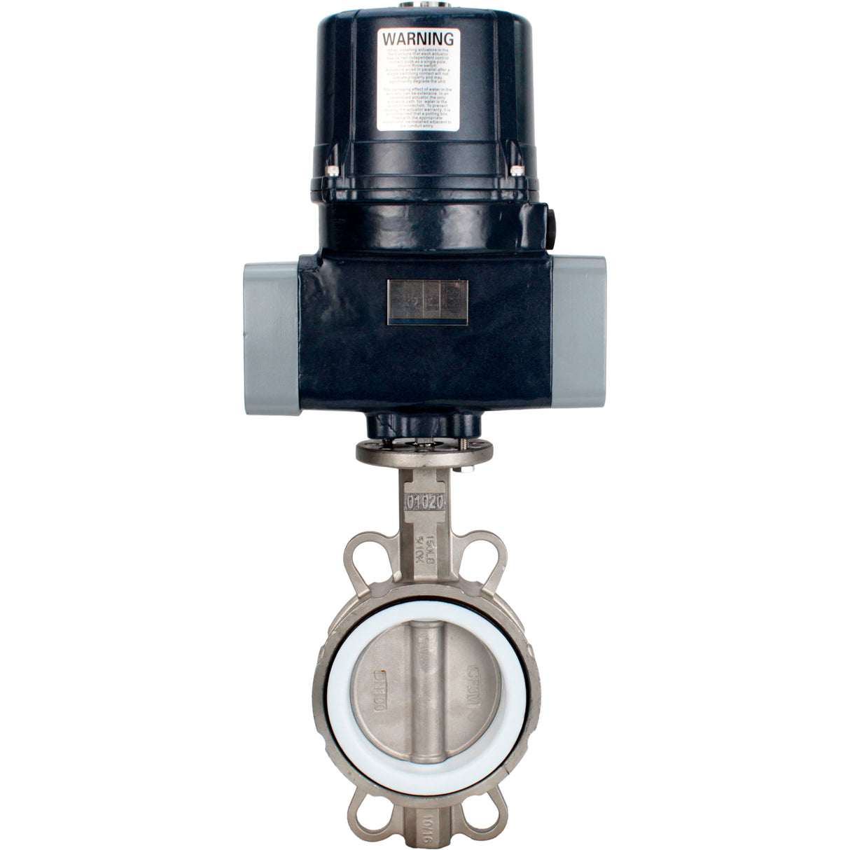 Absperrklappen Elephant WBV3232P-2W-Fb-H mit Zwischenflansch, Gehäuse - Edelstahl AISI 316L, Scheibe - Edelstahl 316L, Dichtung - PTFE, mit elektrischem Vierteldrehantrieb Elephant QTSA-N-EM-O0-220VAC