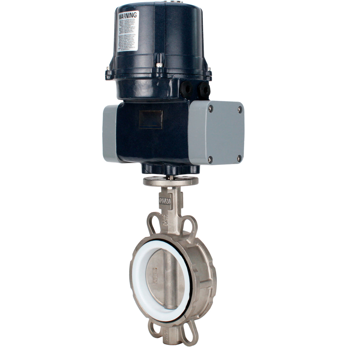Absperrklappen Elephant WBV3232P-2W-Fb-H mit Zwischenflansch, Gehäuse - Edelstahl AISI 316L, Scheibe - Edelstahl 316L, Dichtung - PTFE, mit elektrischem Vierteldrehantrieb Elephant QTSA-N-EM-O0-220VAC